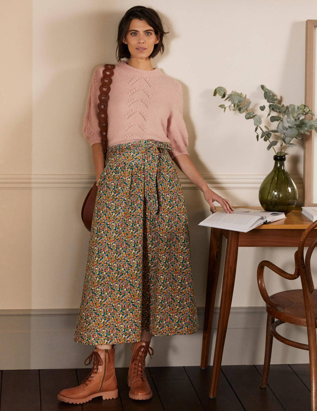 Tie Waist Cord Midaxi Skirt-Dusty Red, Floral Print-1