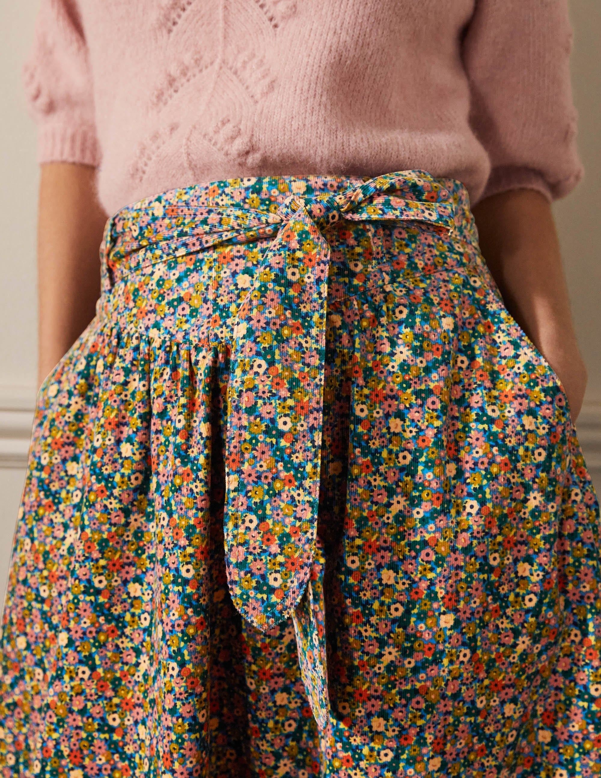 Tie Waist Cord Midaxi Skirt-Dusty Red, Floral Print - Image 2