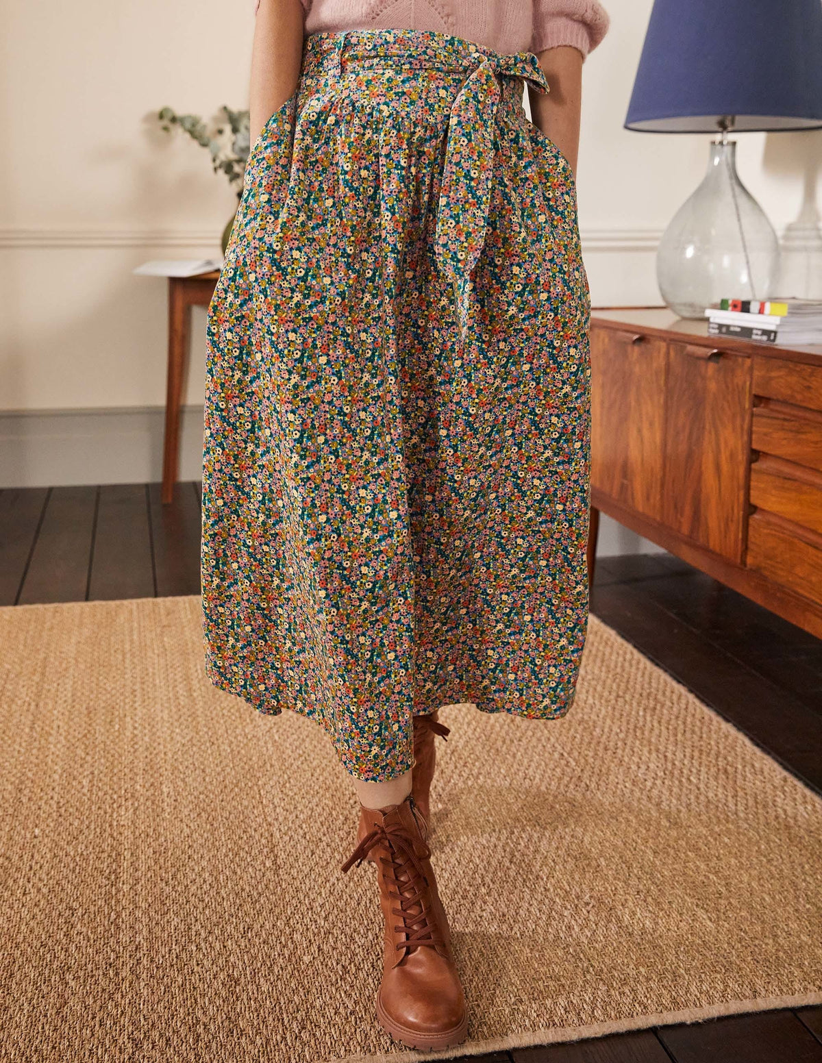 Tie Waist Cord Midaxi Skirt-Dusty Red, Floral Print - Image 4