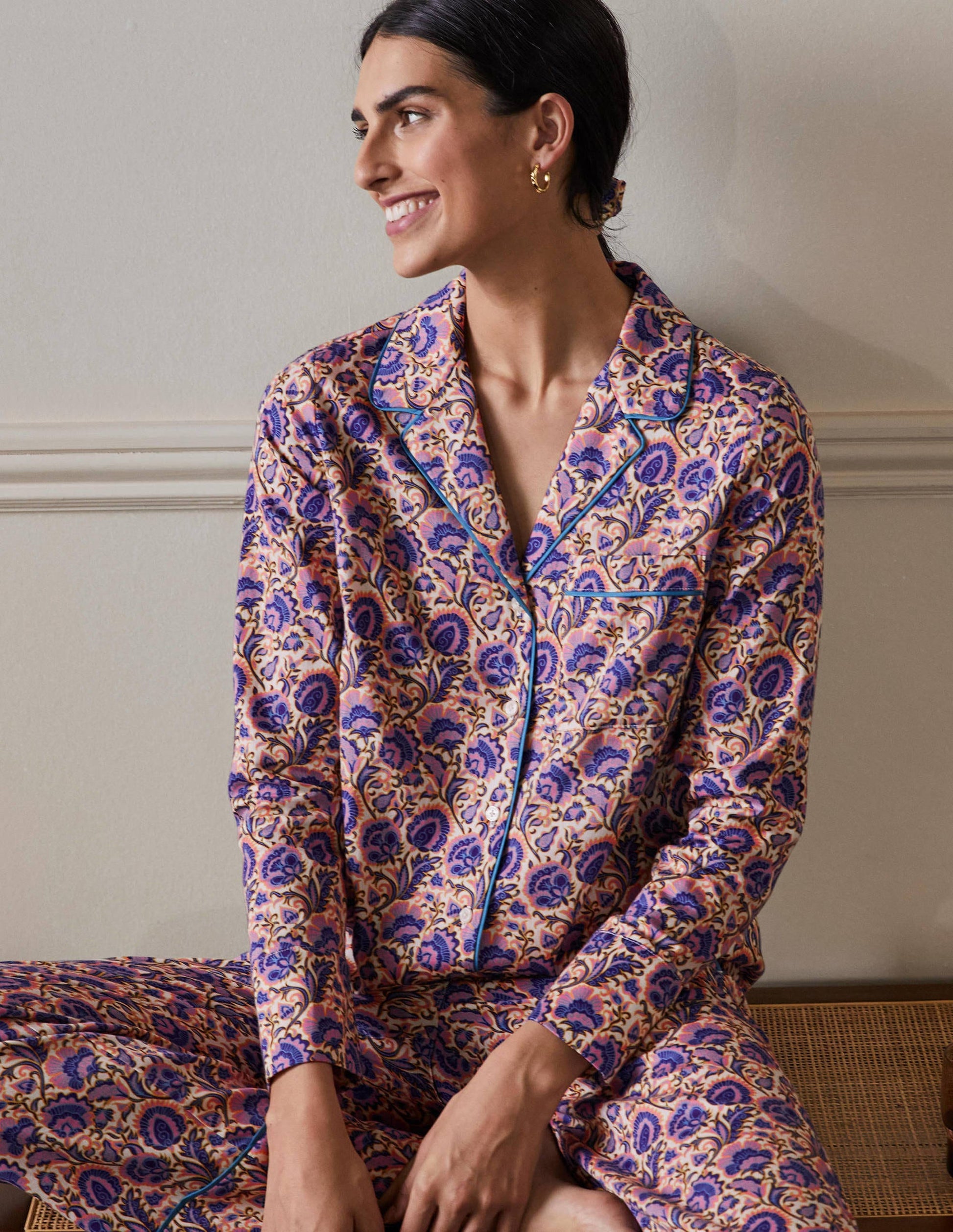 Long Sleeve Pyjama Shirt-Ivory, Rich Floral-1