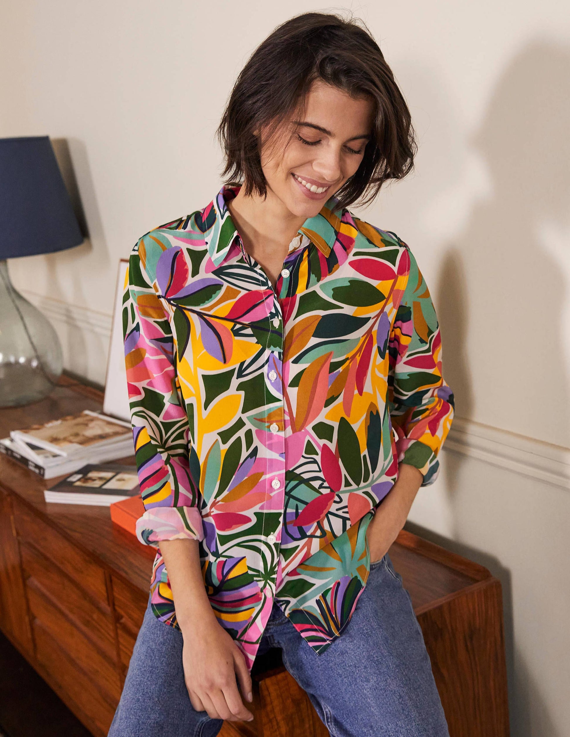 Silk Shirt-Ivory, Tropic Palm-1