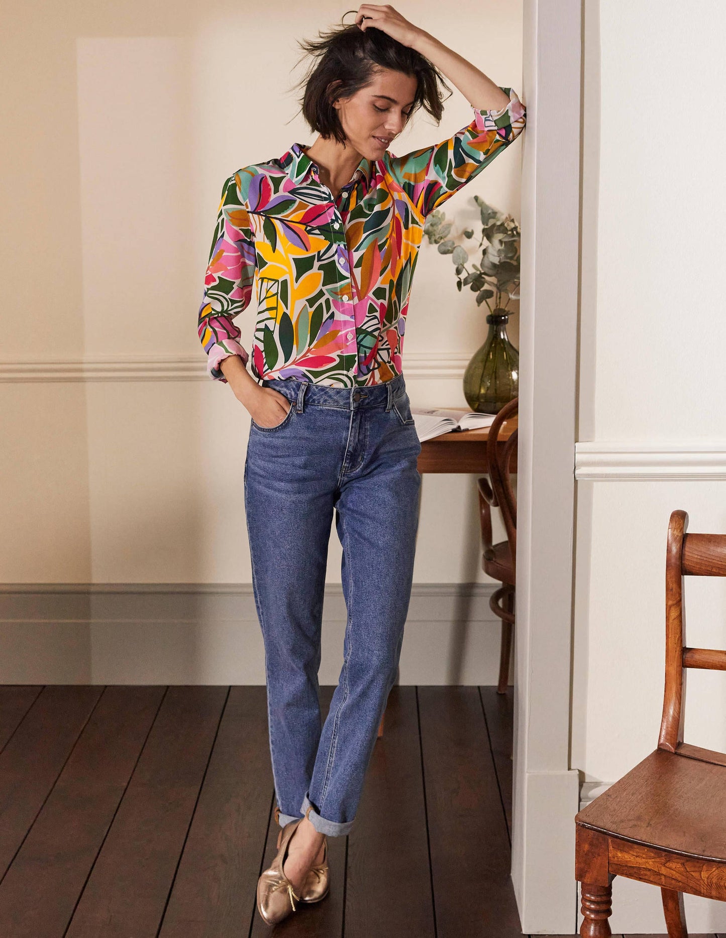 Silk Shirt-Ivory, Tropic Palm