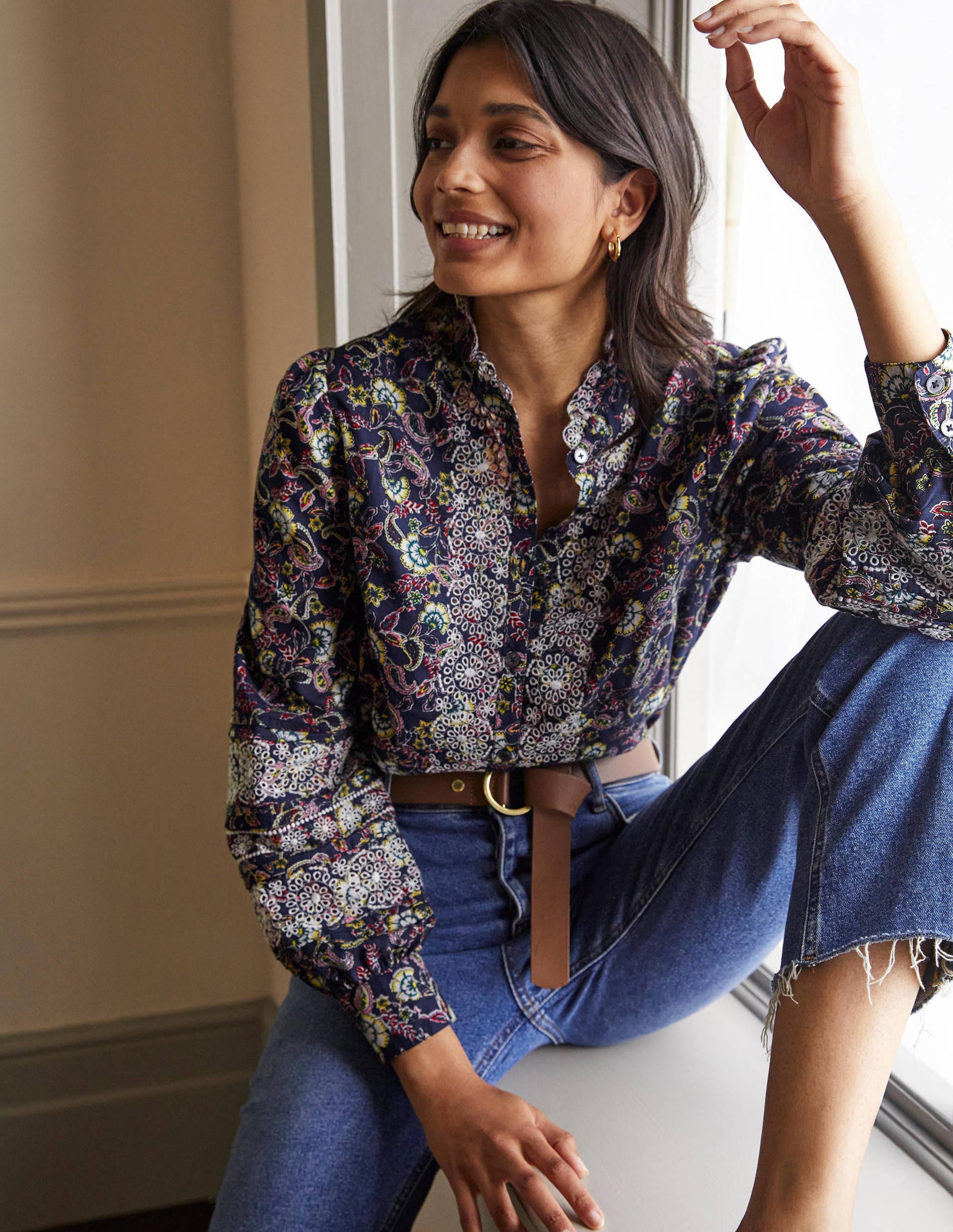 Broderie Cotton Blouse-French Navy, Exotic Floral-5