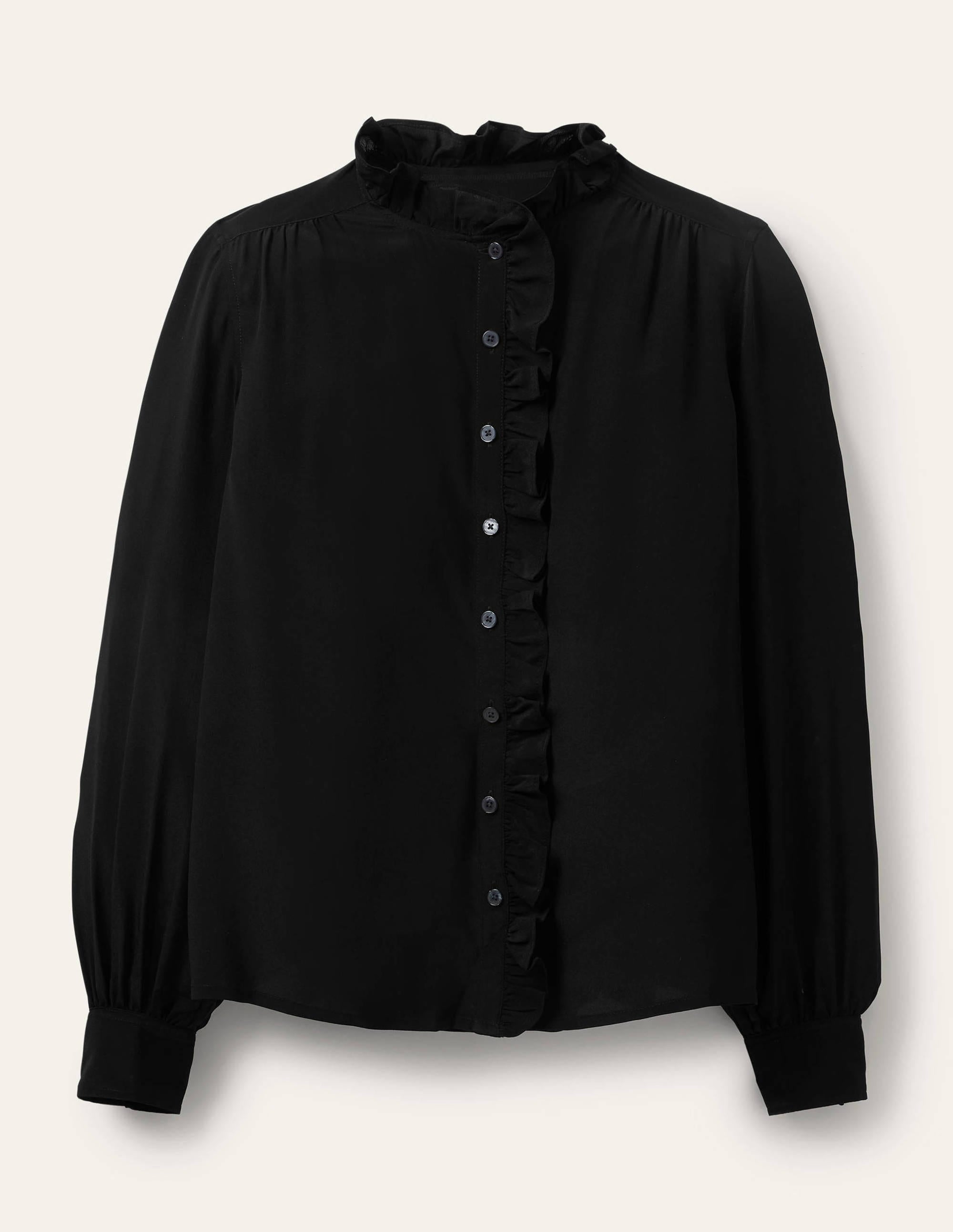 High Neck Ruffle Silk Blouse-Black - Image 6