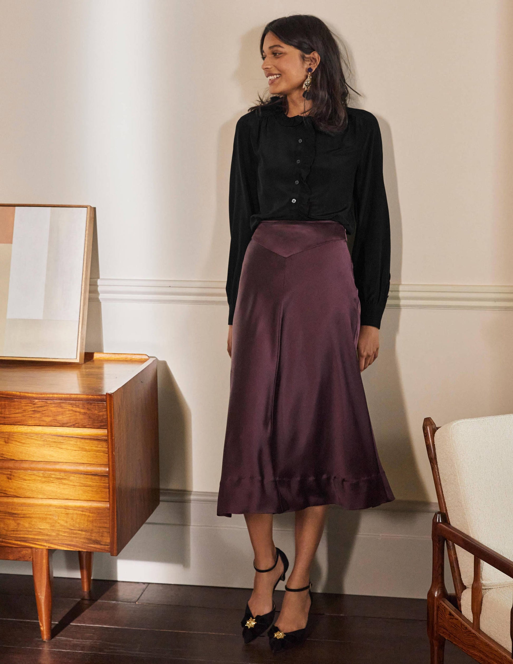 High Neck Ruffle Silk Blouse-Black-2