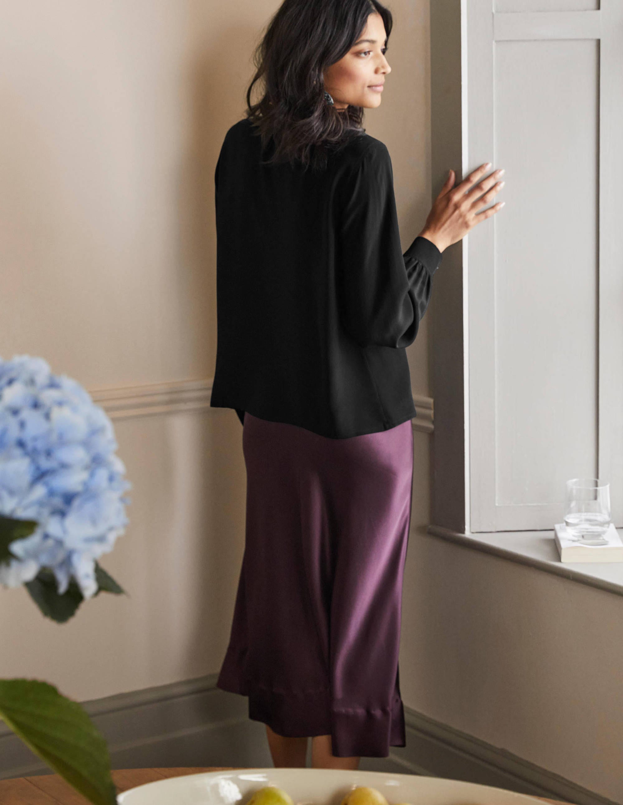 High Neck Ruffle Silk Blouse-Black - Image 3