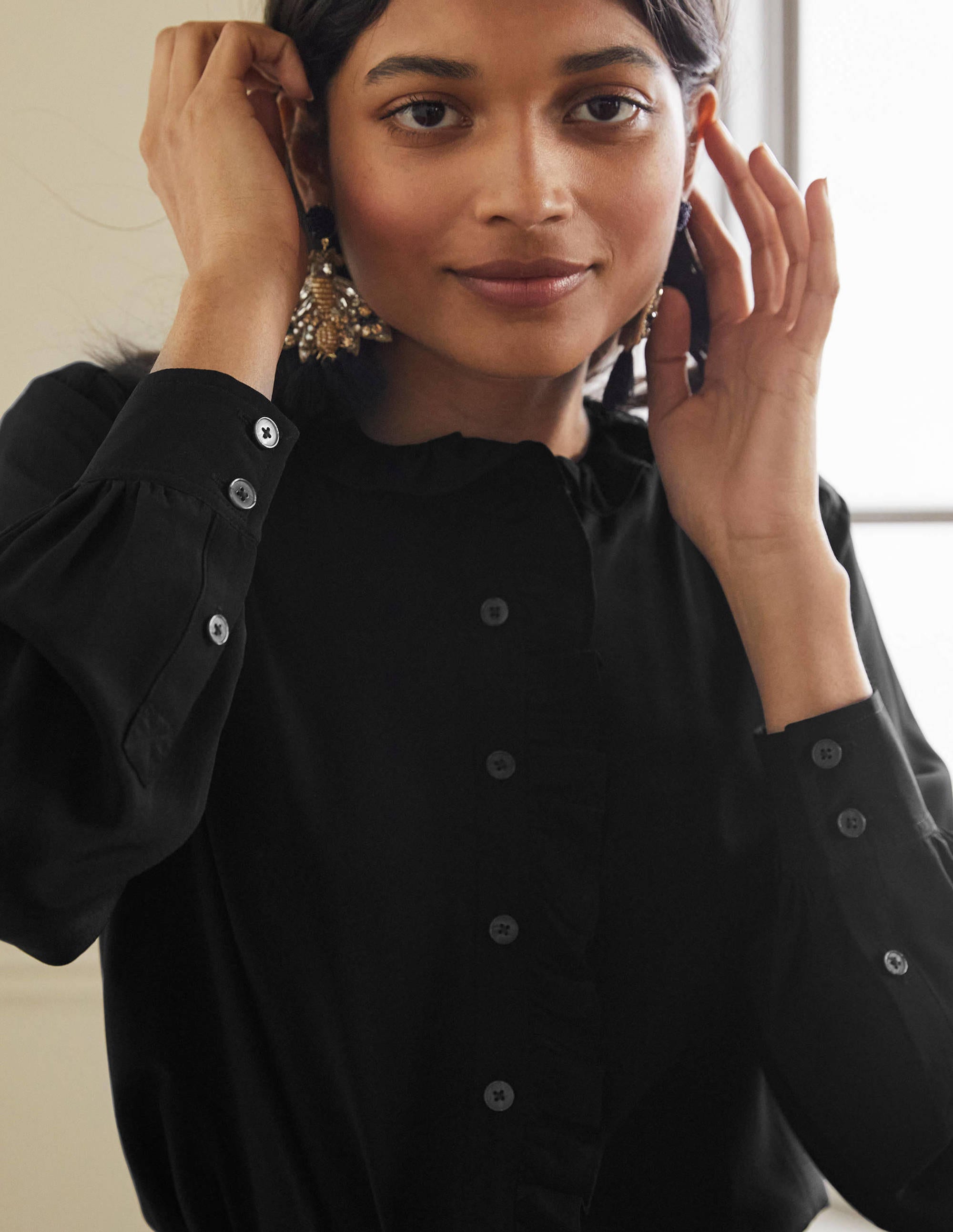 High Neck Ruffle Silk Blouse-Black - Image 4