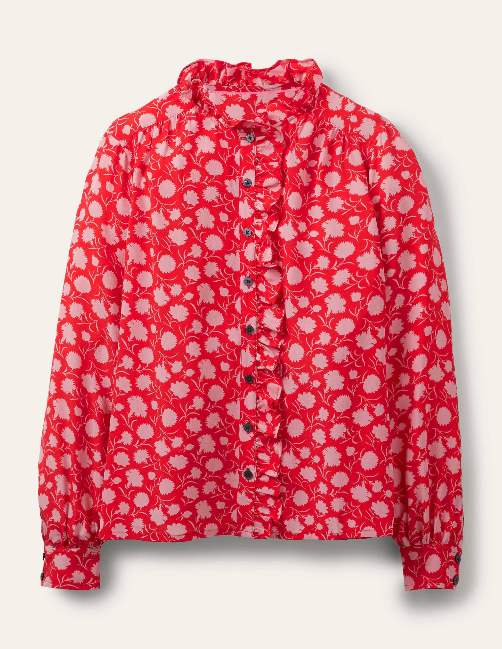 High Neck Ruffle Silk Blouse-Poppadew, Leafy Bud-7