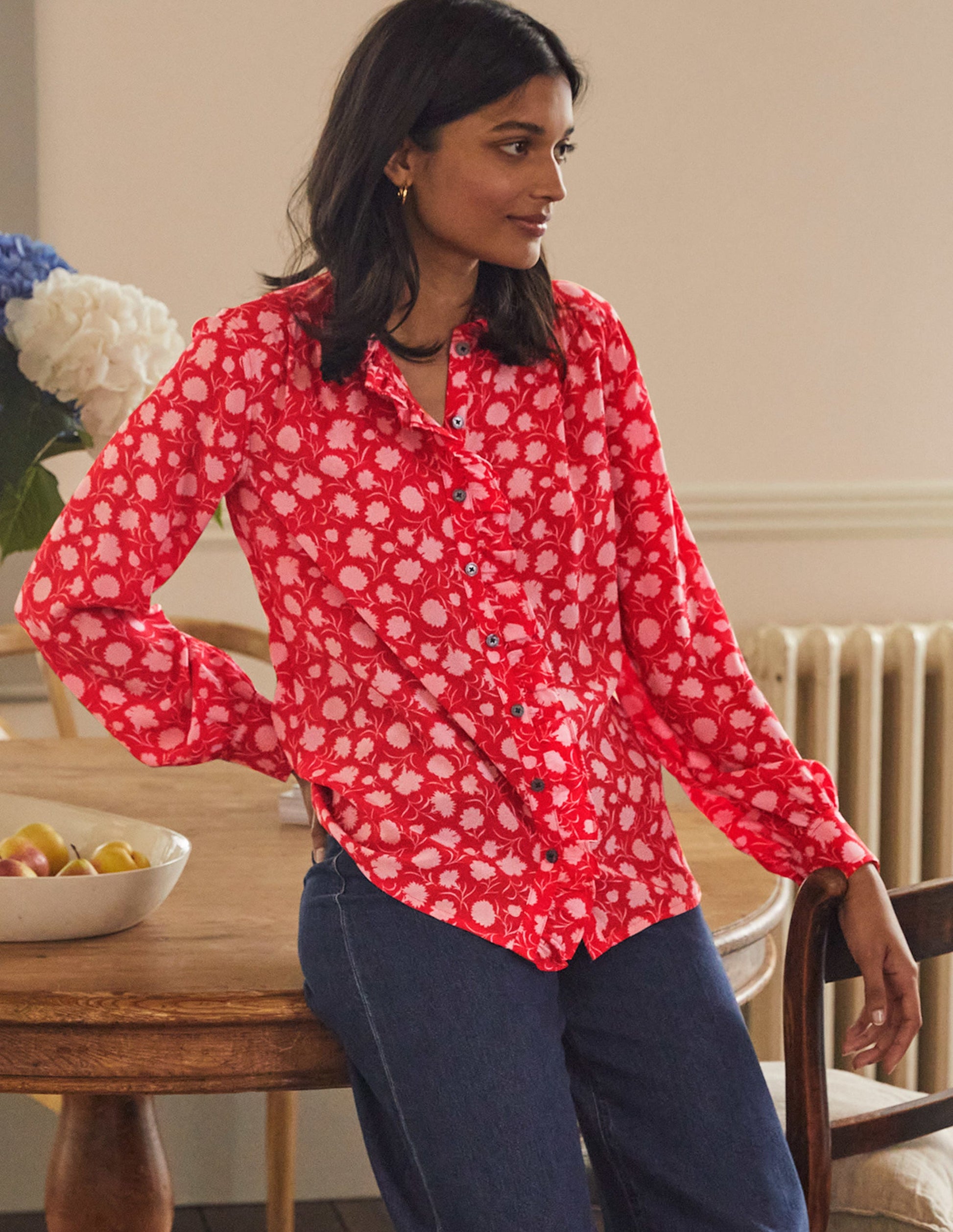 High Neck Ruffle Silk Blouse-Poppadew, Leafy Bud-5