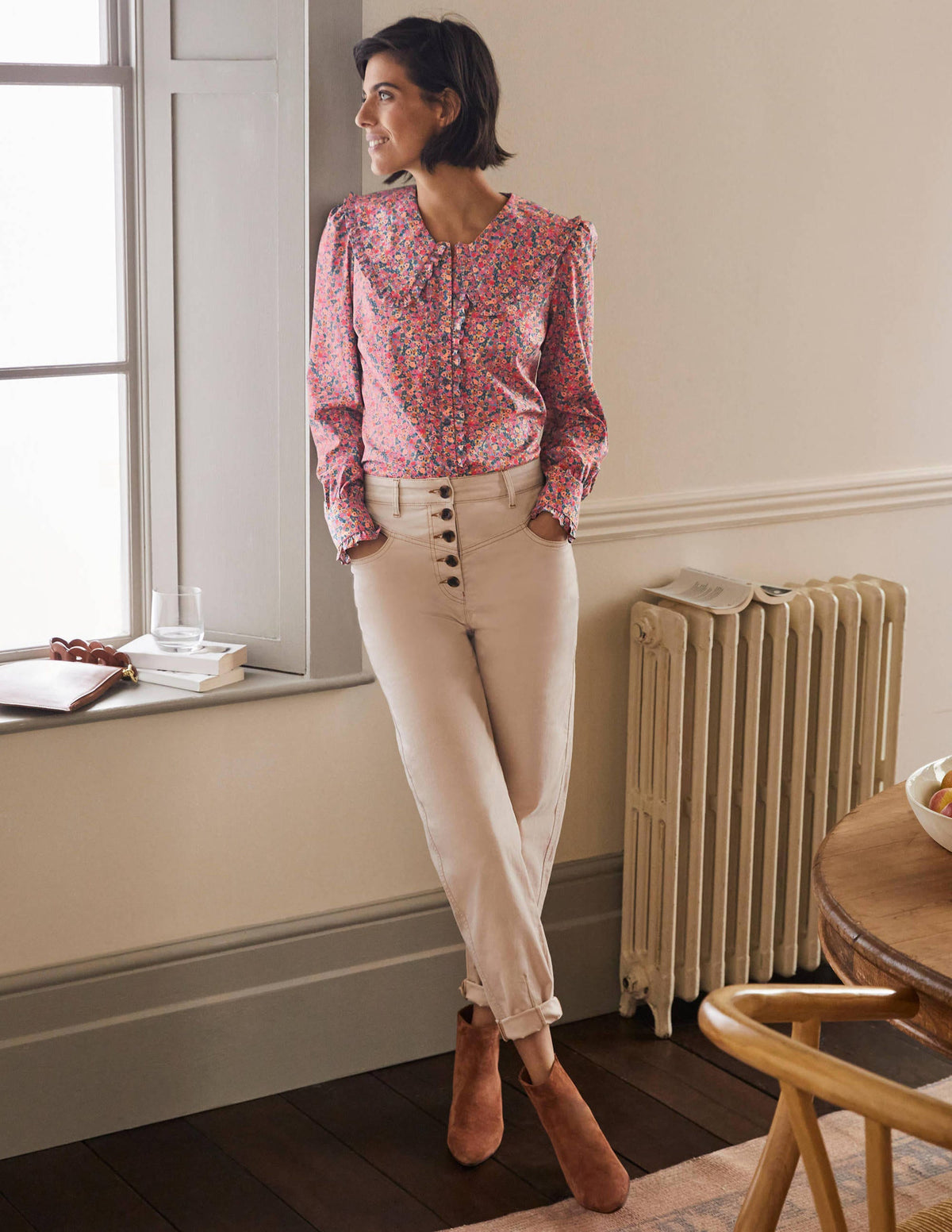 Statement Collar Shirt-Dusty Red, Dainty Flowers - Image 4