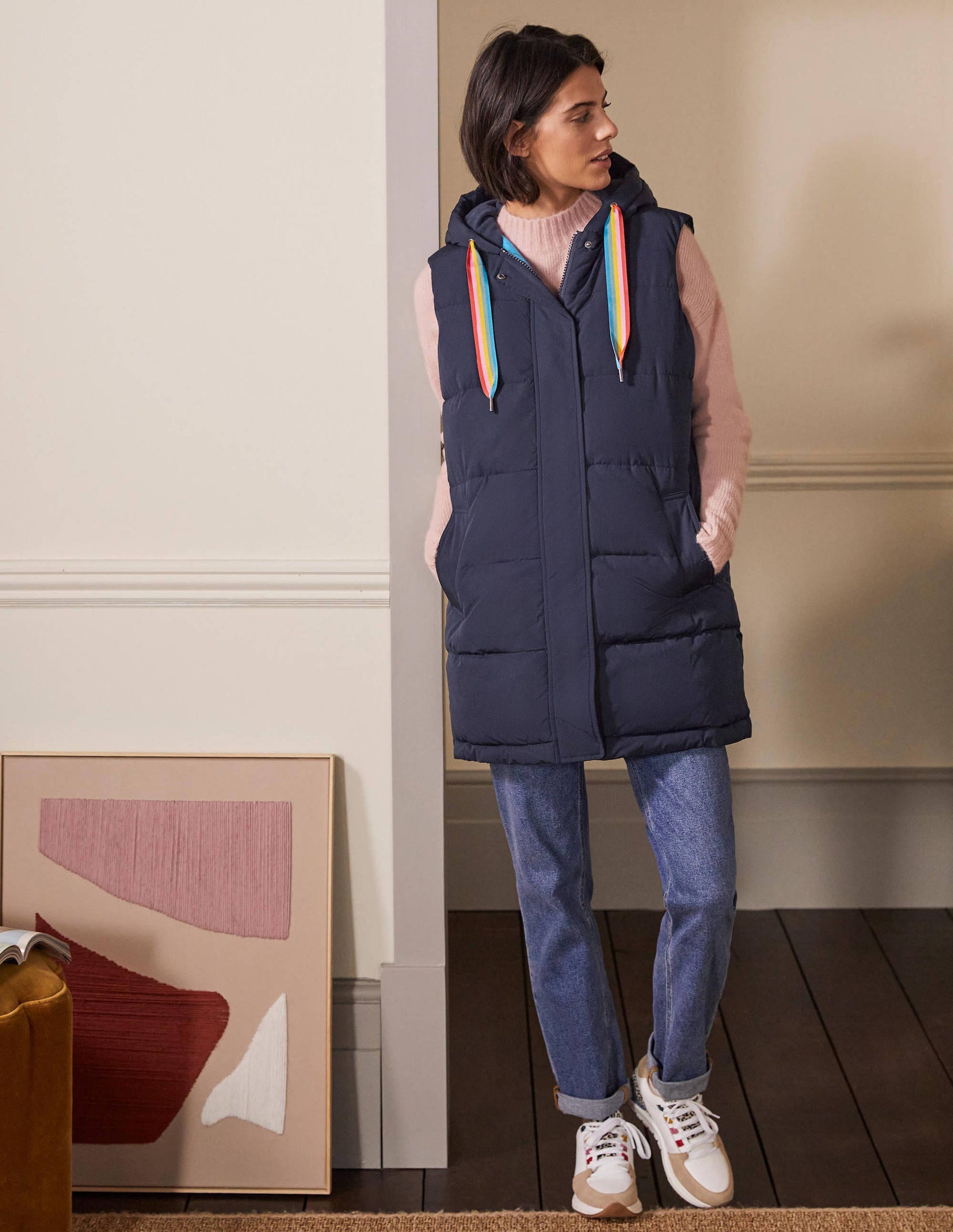Long Puffer Gilet-Navy/Milkshake-4