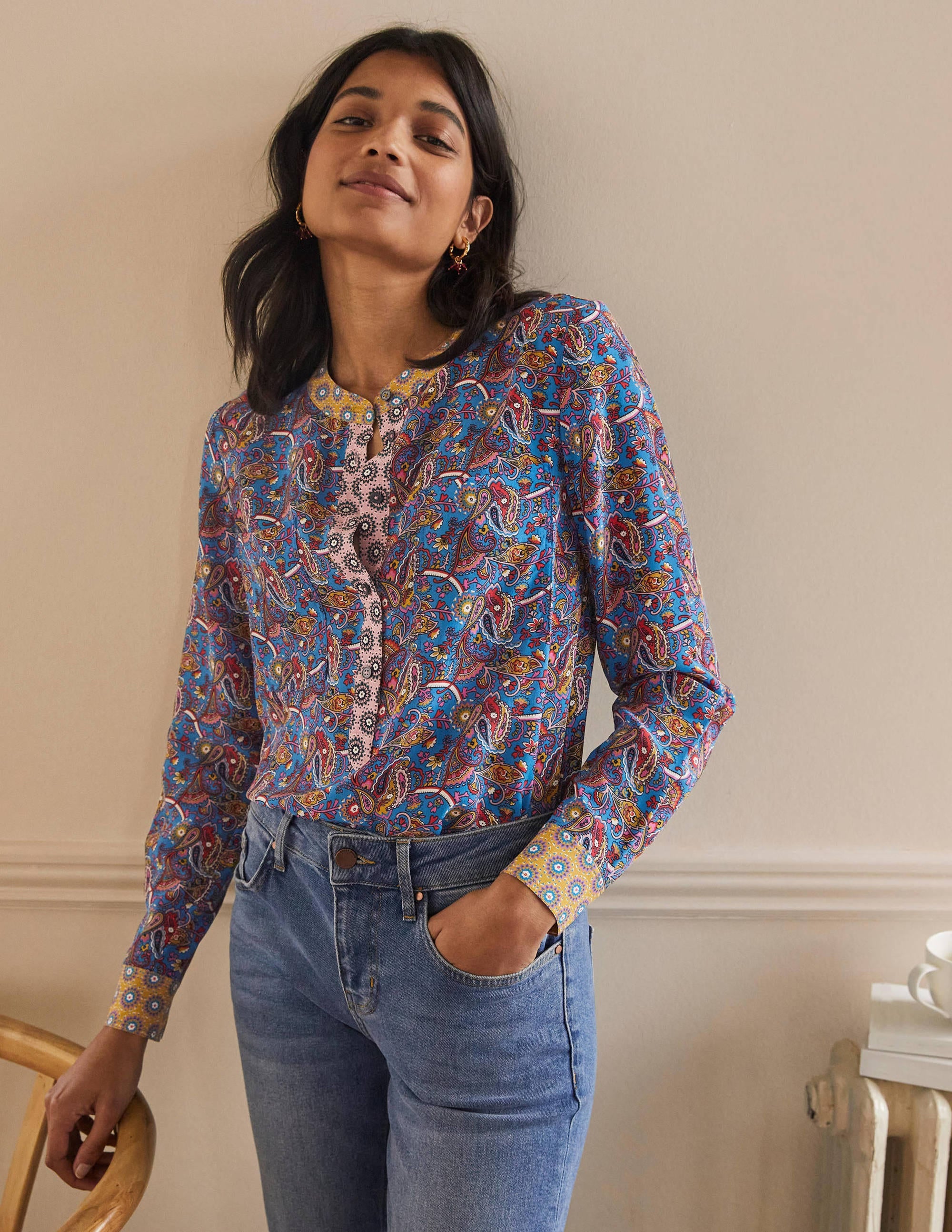 Silk Collarless Blouse-Winter Azure - Image 5