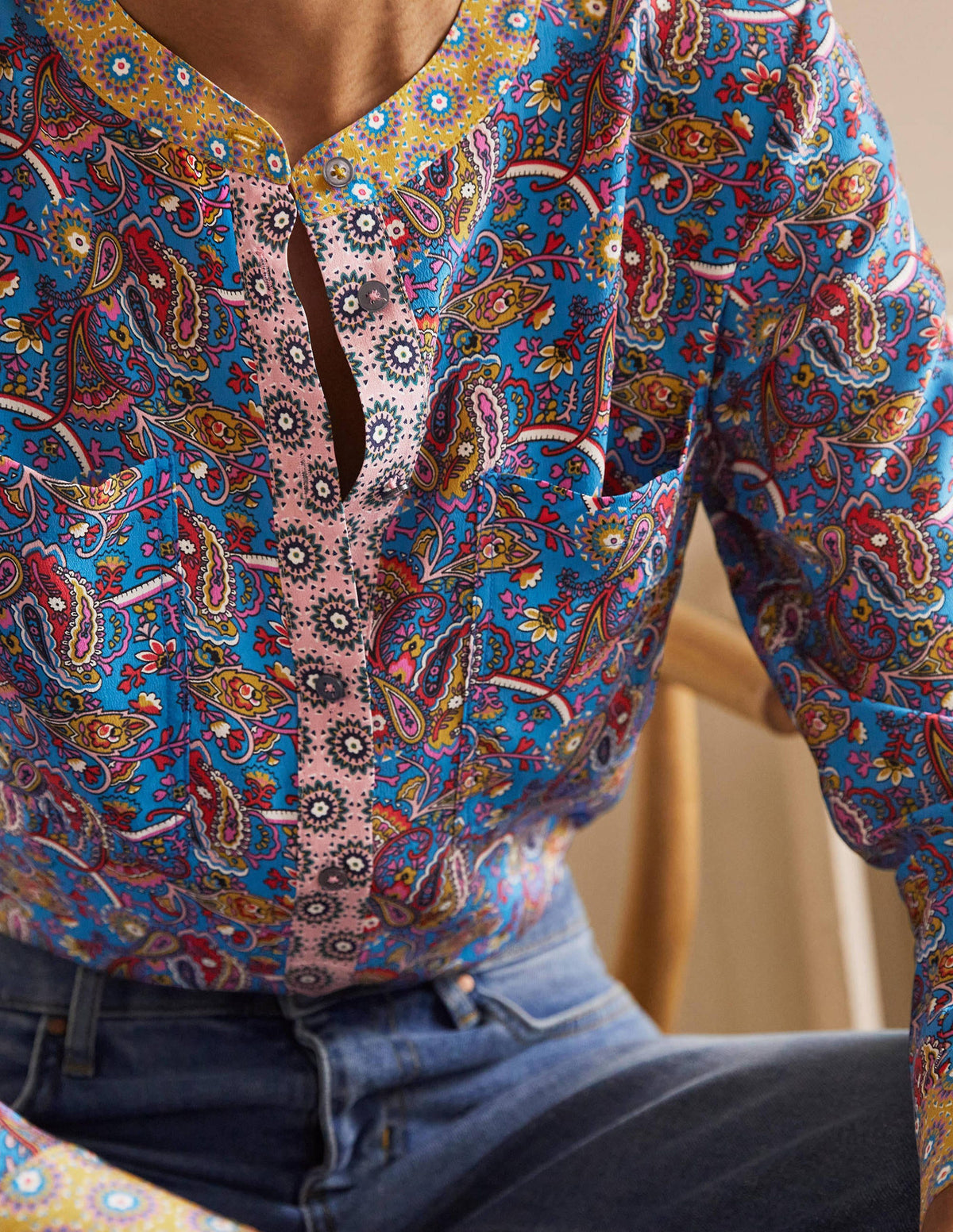 Silk Collarless Blouse-Winter Azure - Image 1