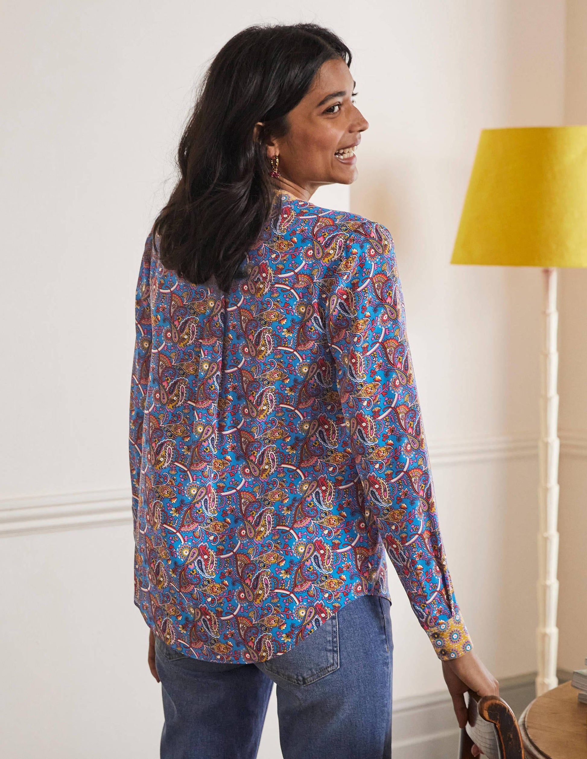 Silk Collarless Blouse-Winter Azure-2