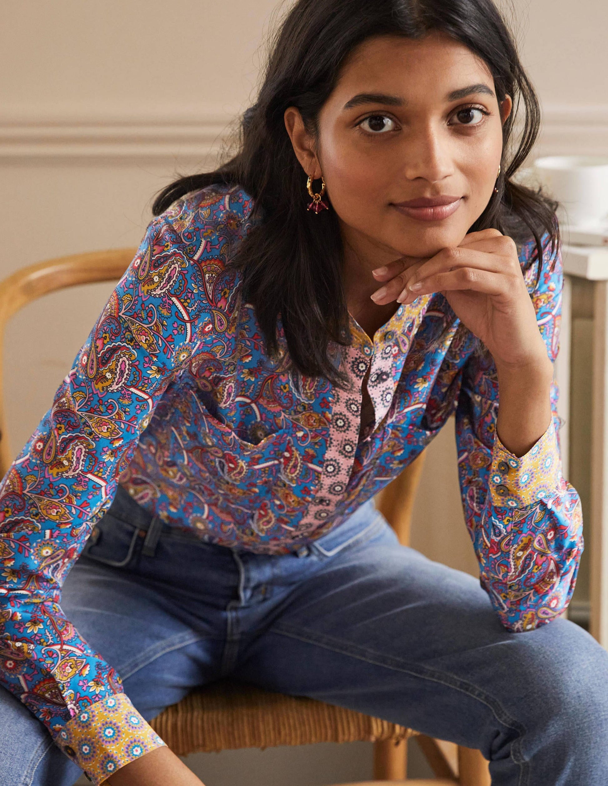 Silk Collarless Blouse-Winter Azure-4