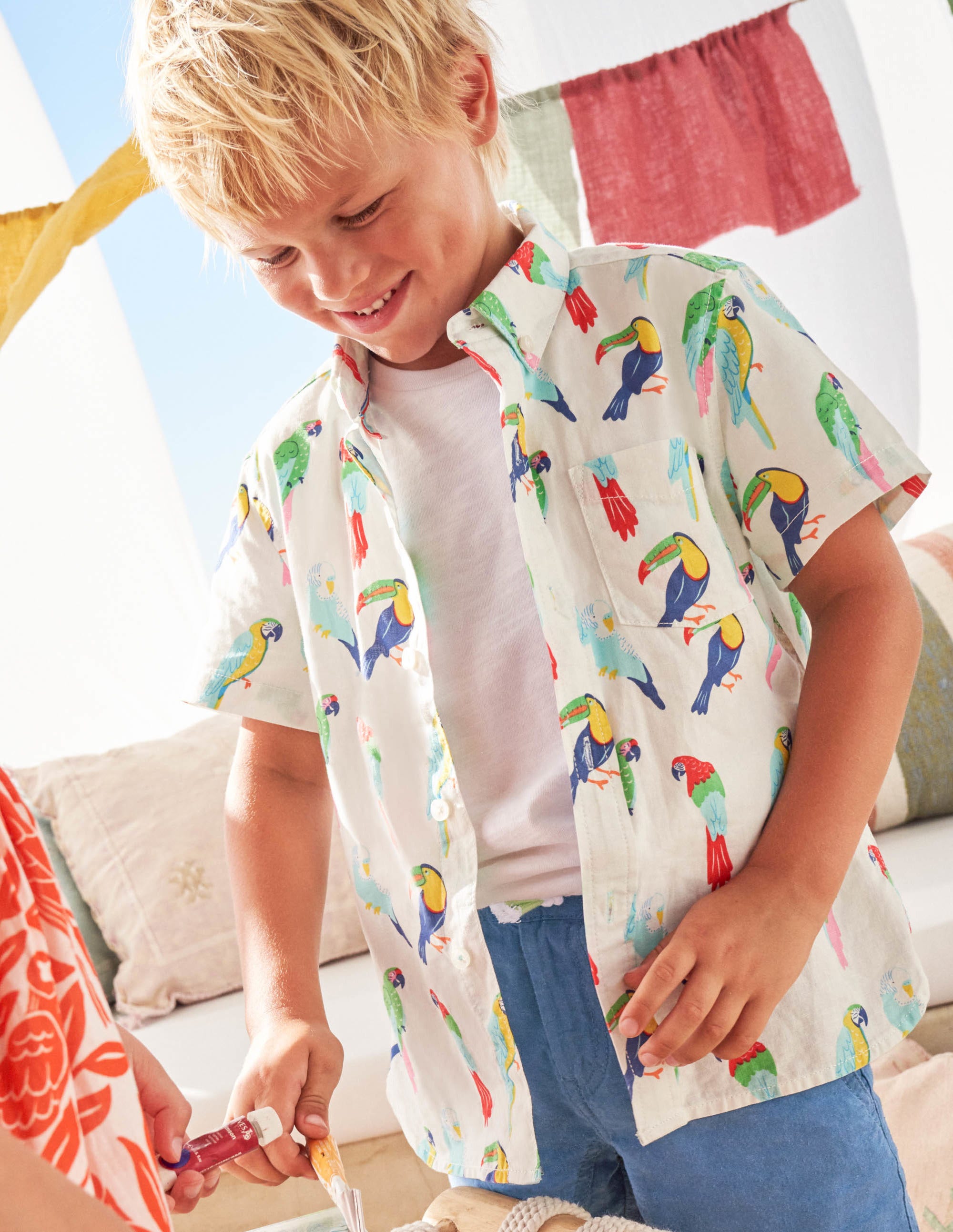 Holiday Cotton Linen Shirt-Ivory Tropical Birds - Image 4