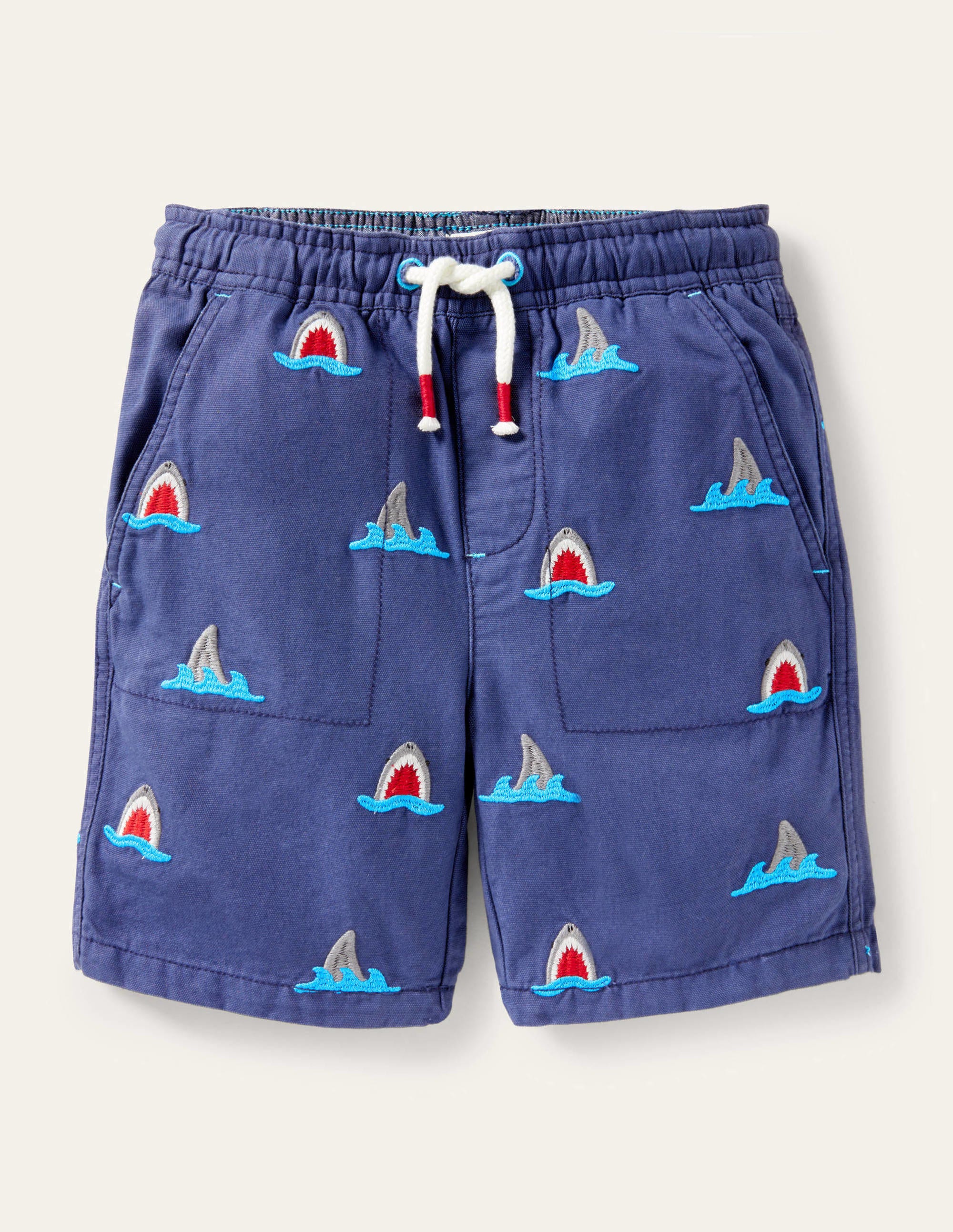Navy Shark Pull-on Drawstring Shorts-Navy Shark Embroidery - Image 1