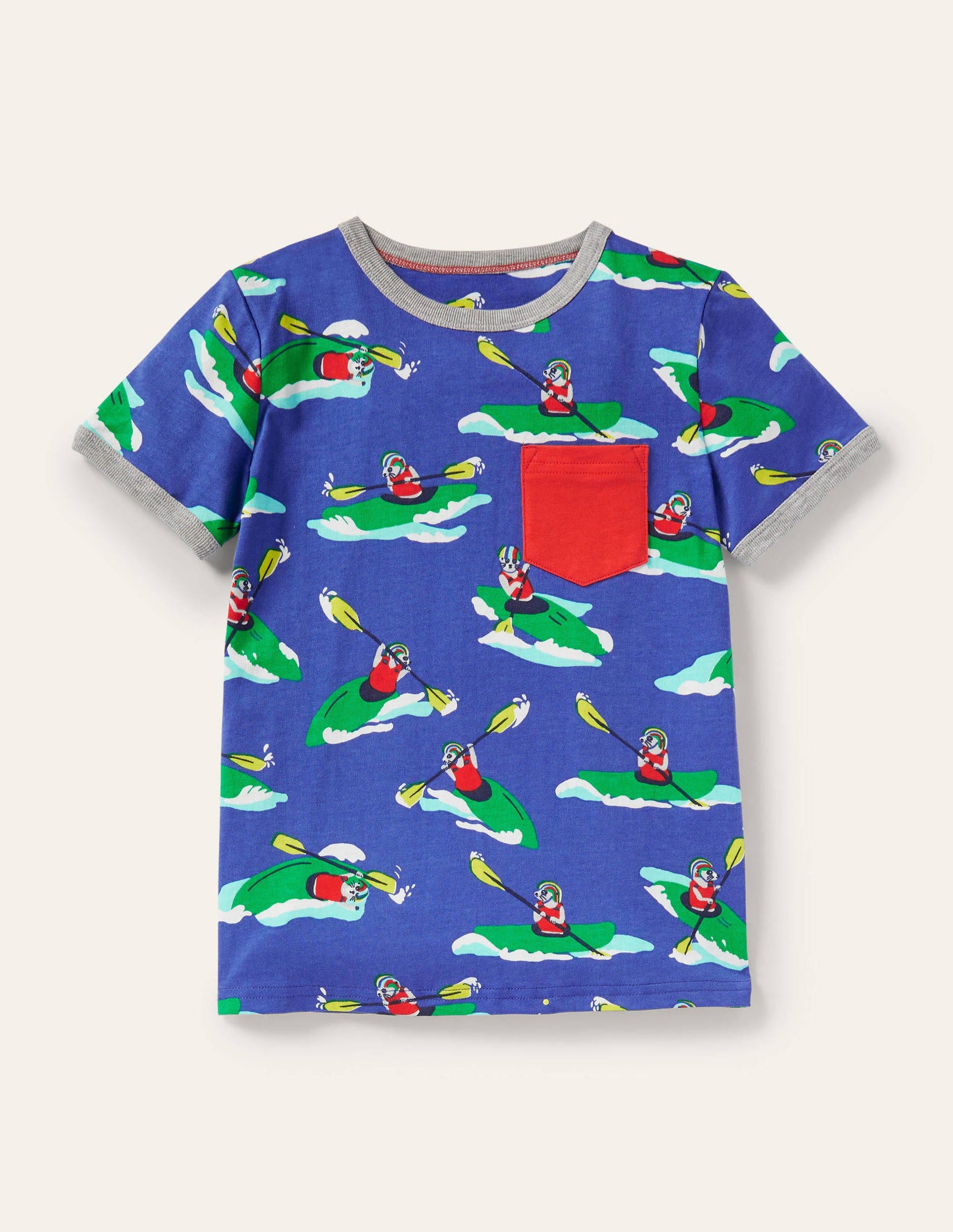 Printed Ringer T-shirt-Blue Wave Kayaking Meerkat-1