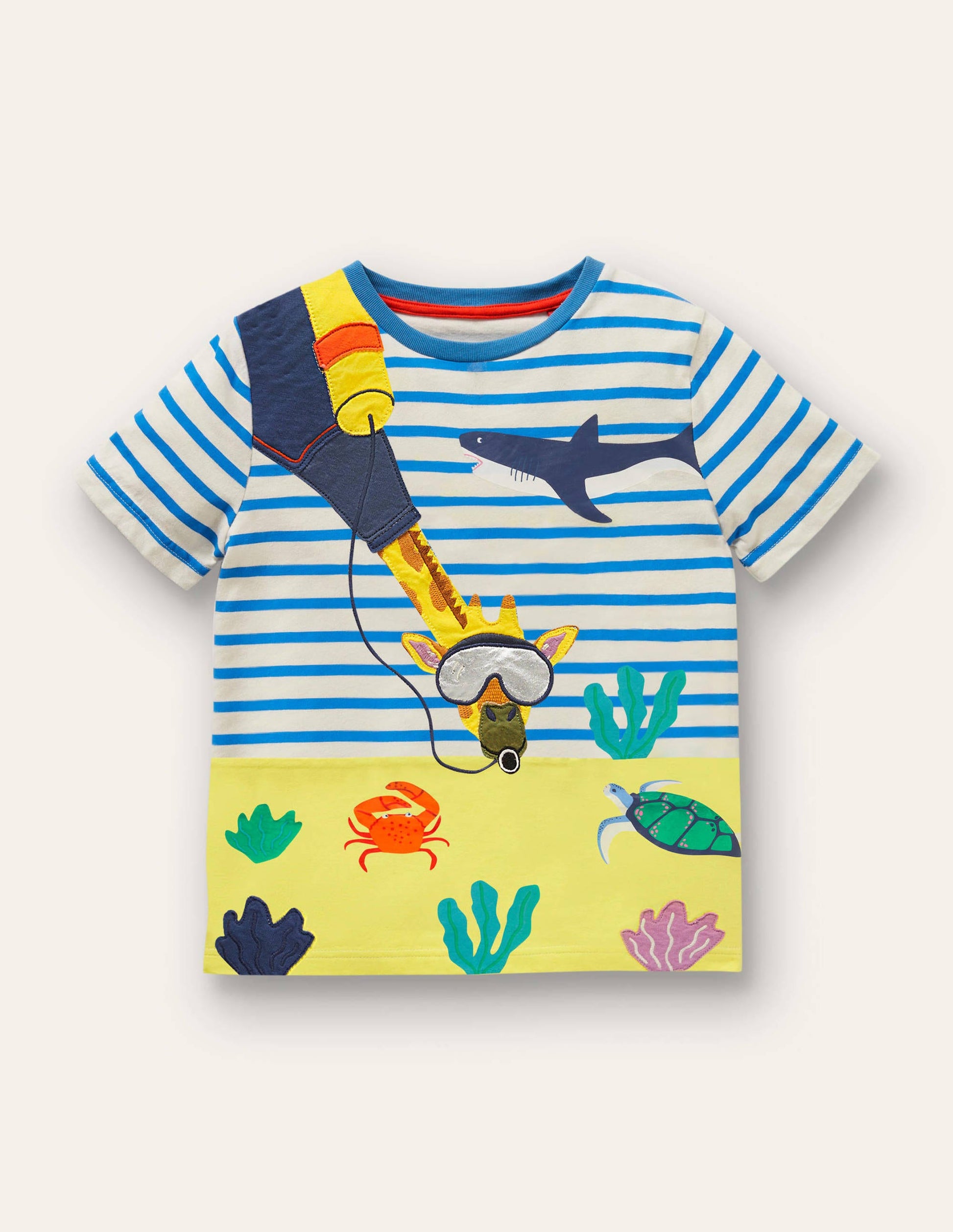 Stripy Animal Appliqué T-shirt-Ivory/Moroccan Blue Giraffe-1