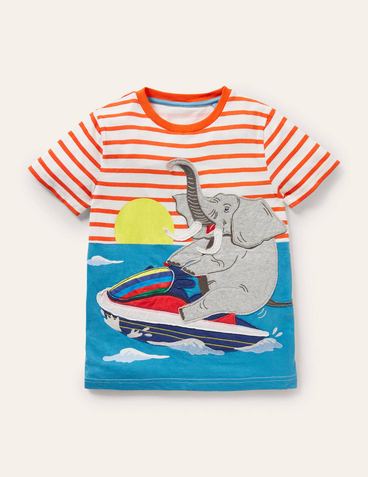 Stripy Animal Appliqué T-shirt-Ivory/Mandarin Orange Elephant-1