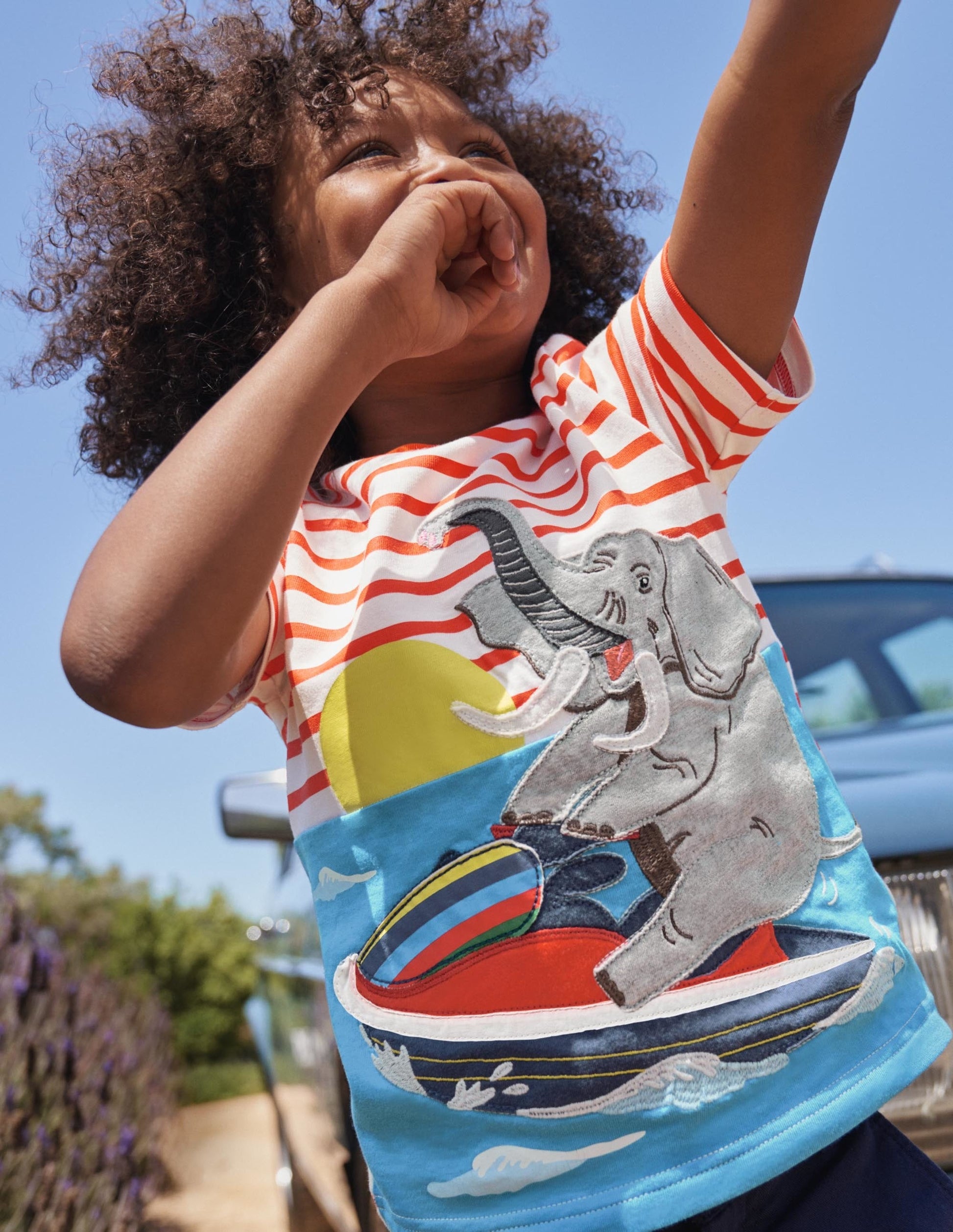 Stripy Animal Appliqué T-shirt-Ivory/Mandarin Orange Elephant-4