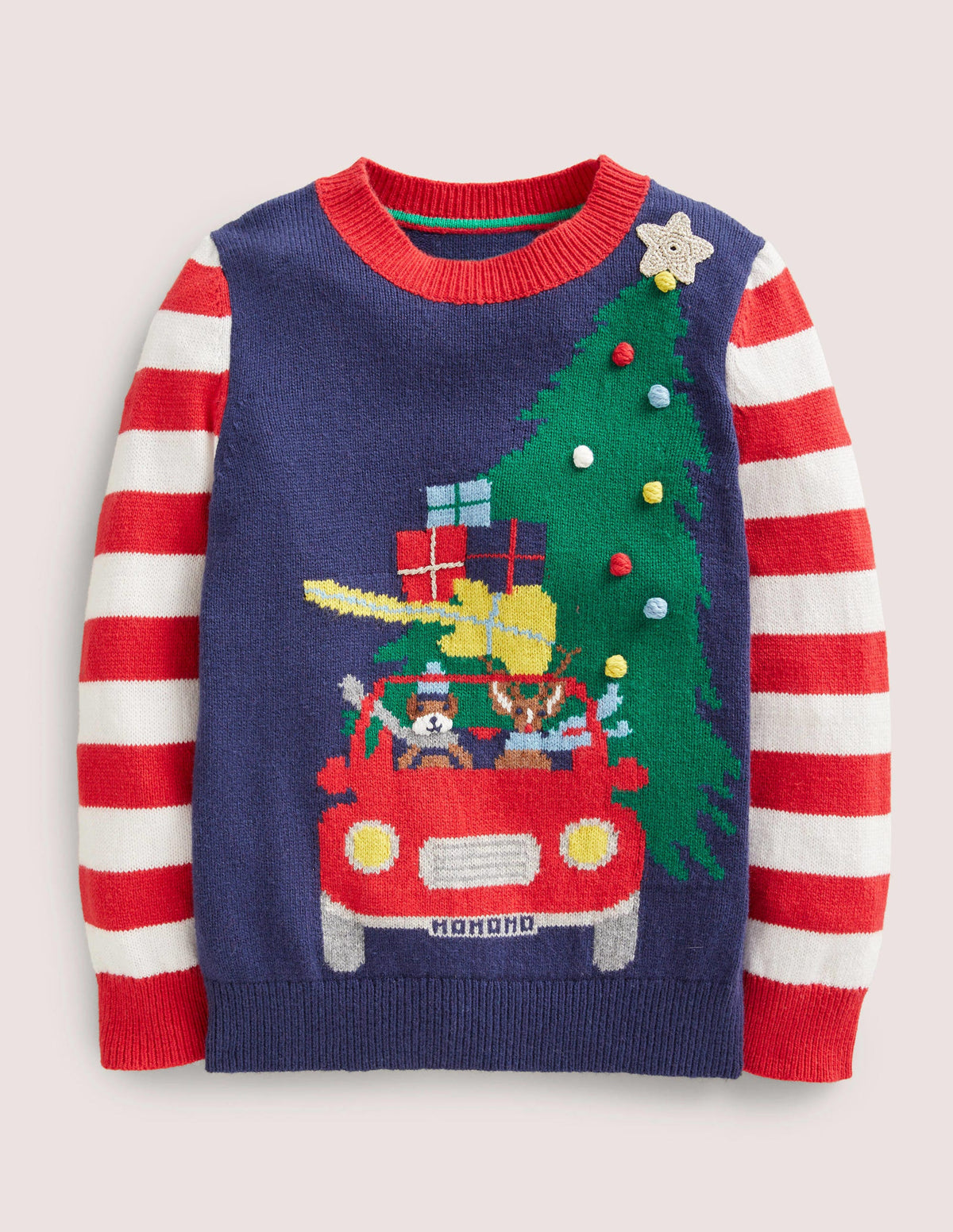 Navy Striped Christmas Jumper-Starboard Blue Xmas Tree-1
