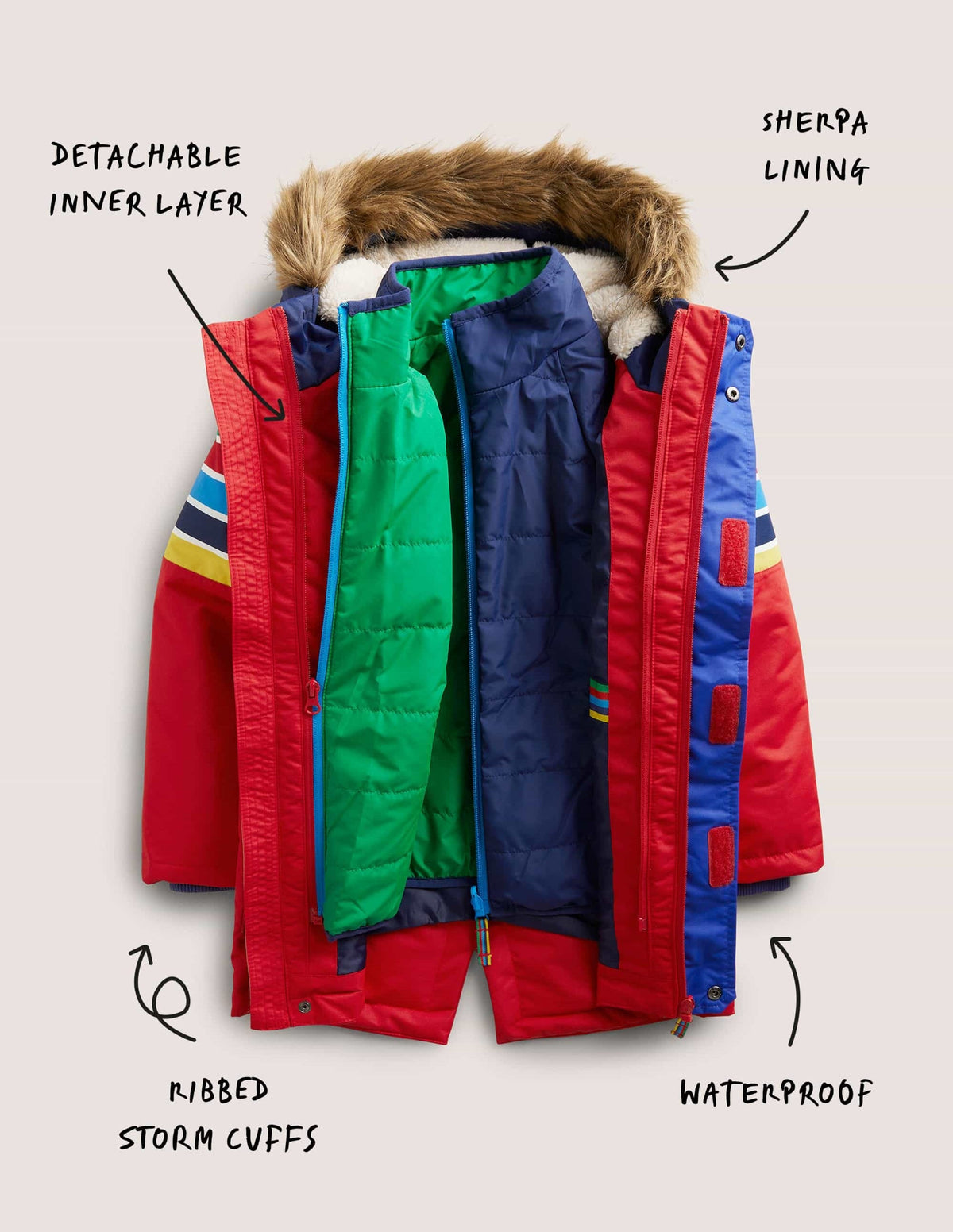Red Rainbow 4-in-1 Waterproof Parka-Rockabilly Red Rainbow - Image 6