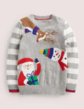 Grey Stripe Festive Christmas Jumper-Grey Marl Festive Friends