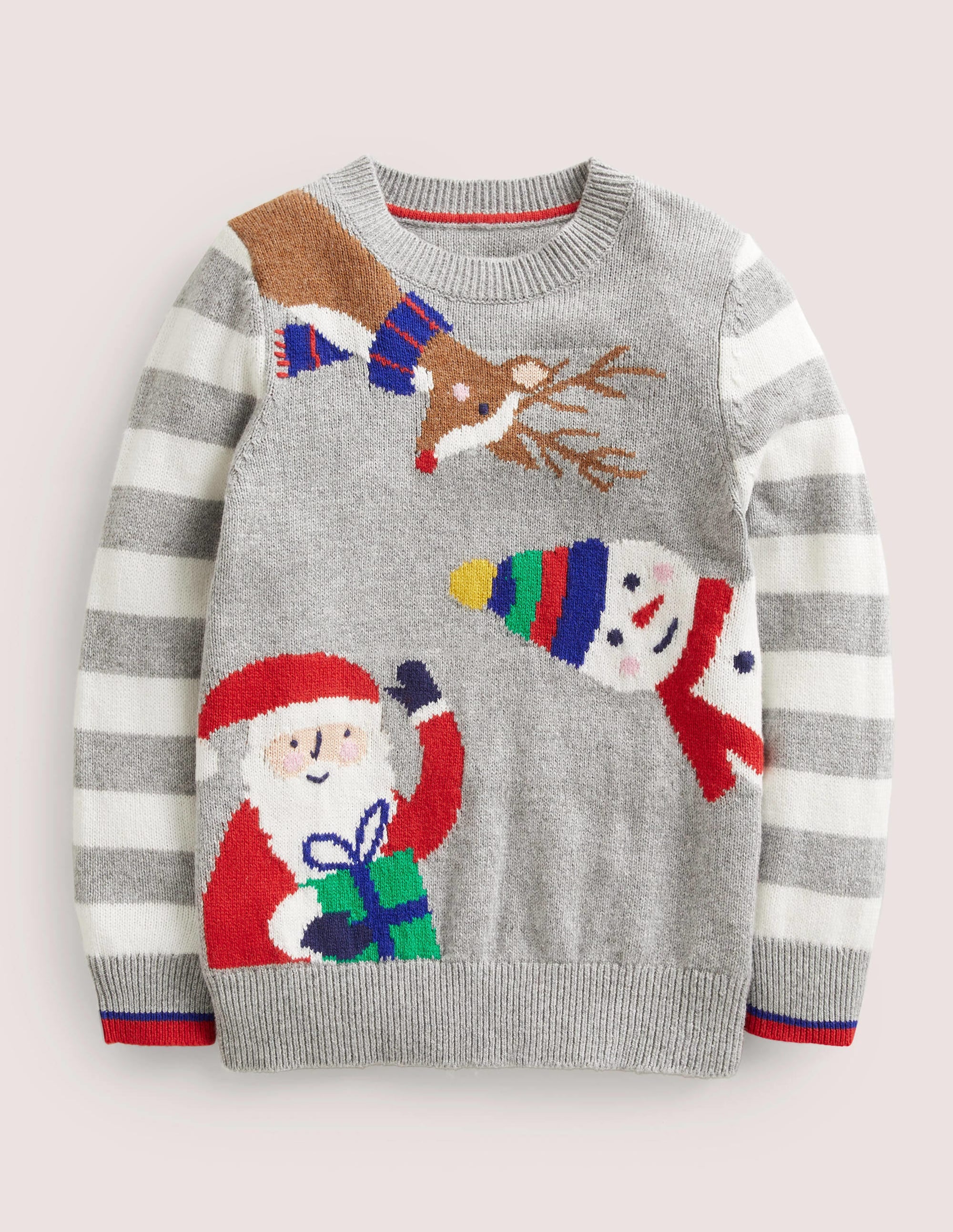 Grey Stripe Festive Christmas Jumper-Grey Marl Festive Friends - Image 1
