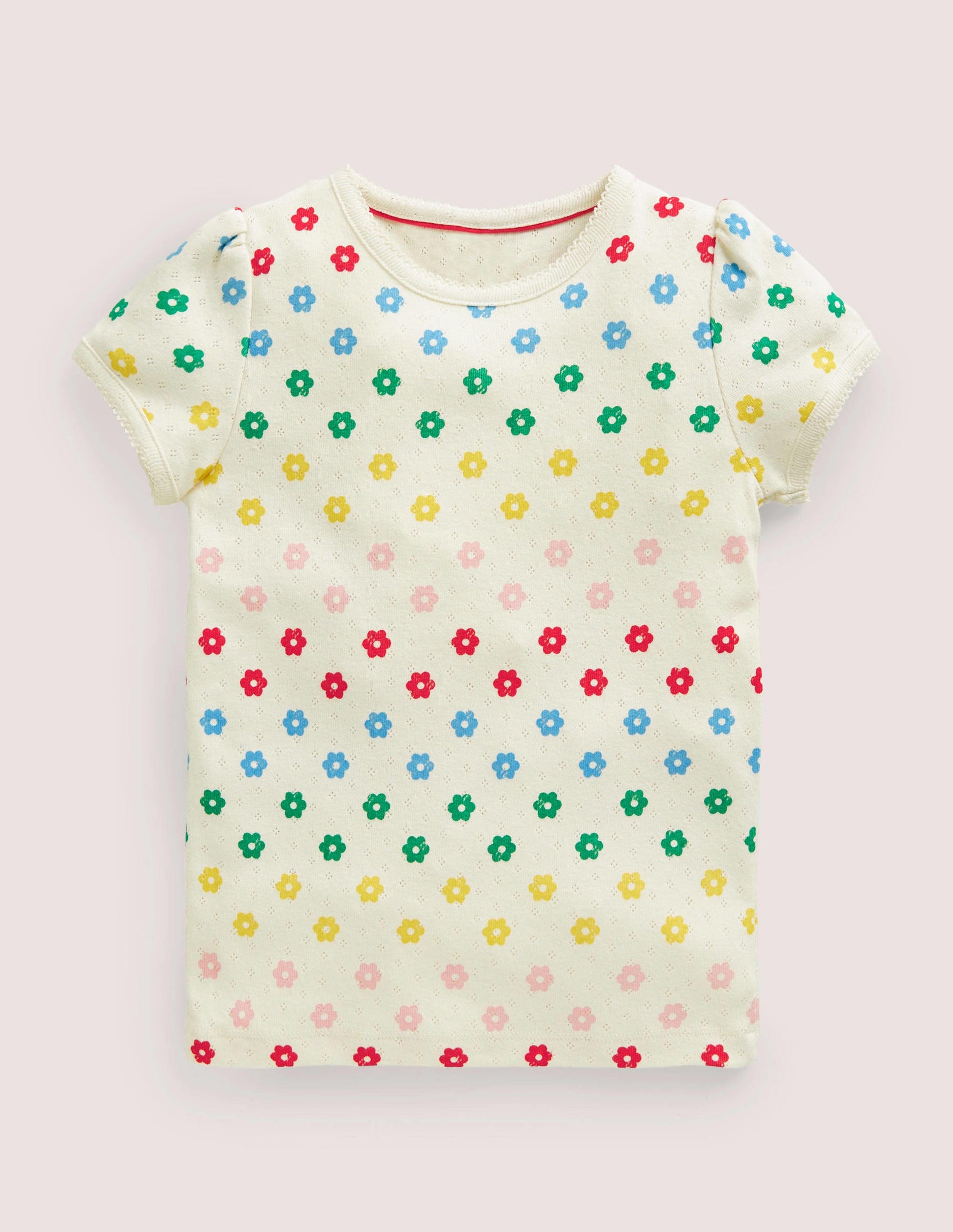 Short-Sleeved Pointelle Top-Ivory Rainbow Flowers-1