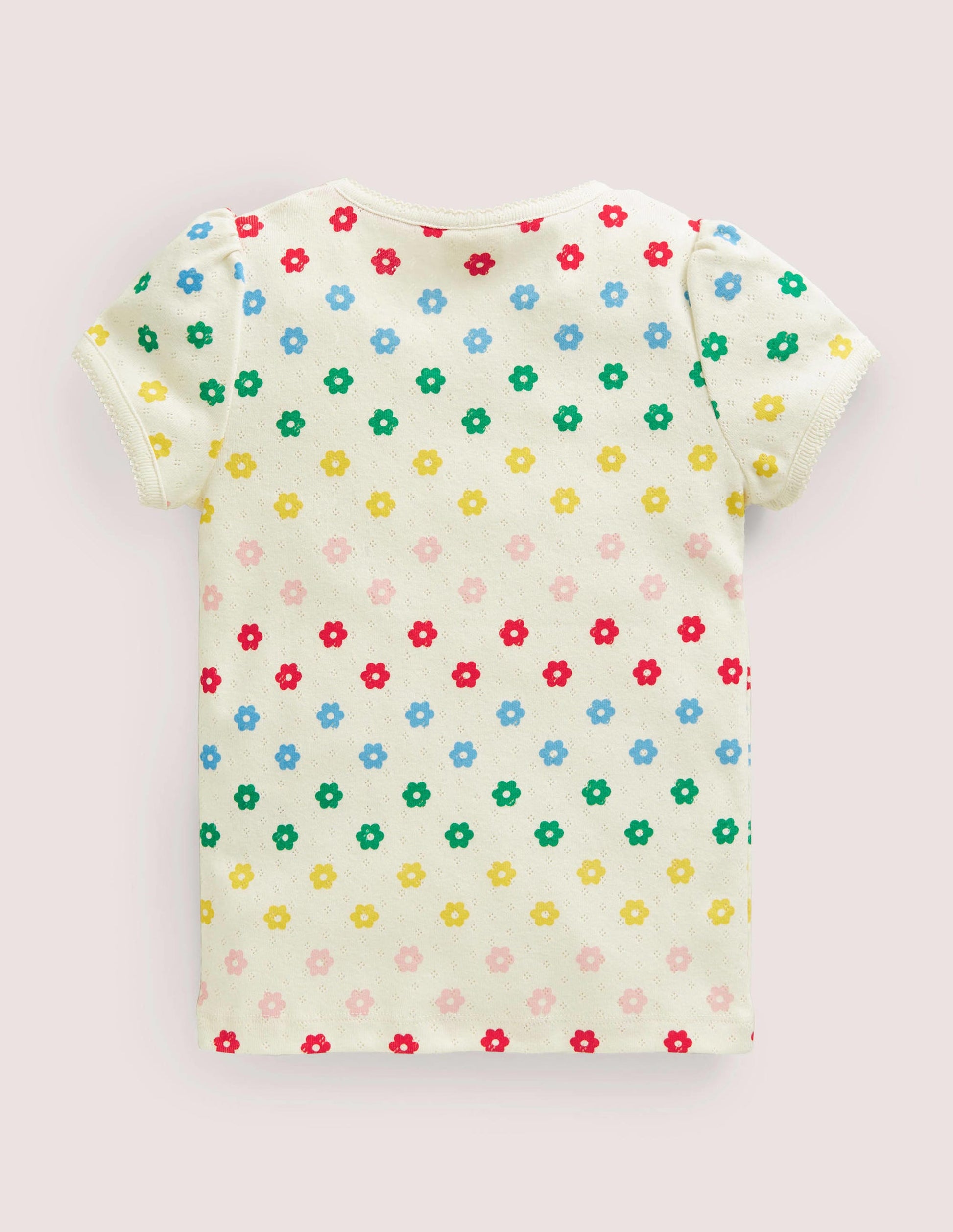 Short-Sleeved Pointelle Top-Ivory Rainbow Flowers-2