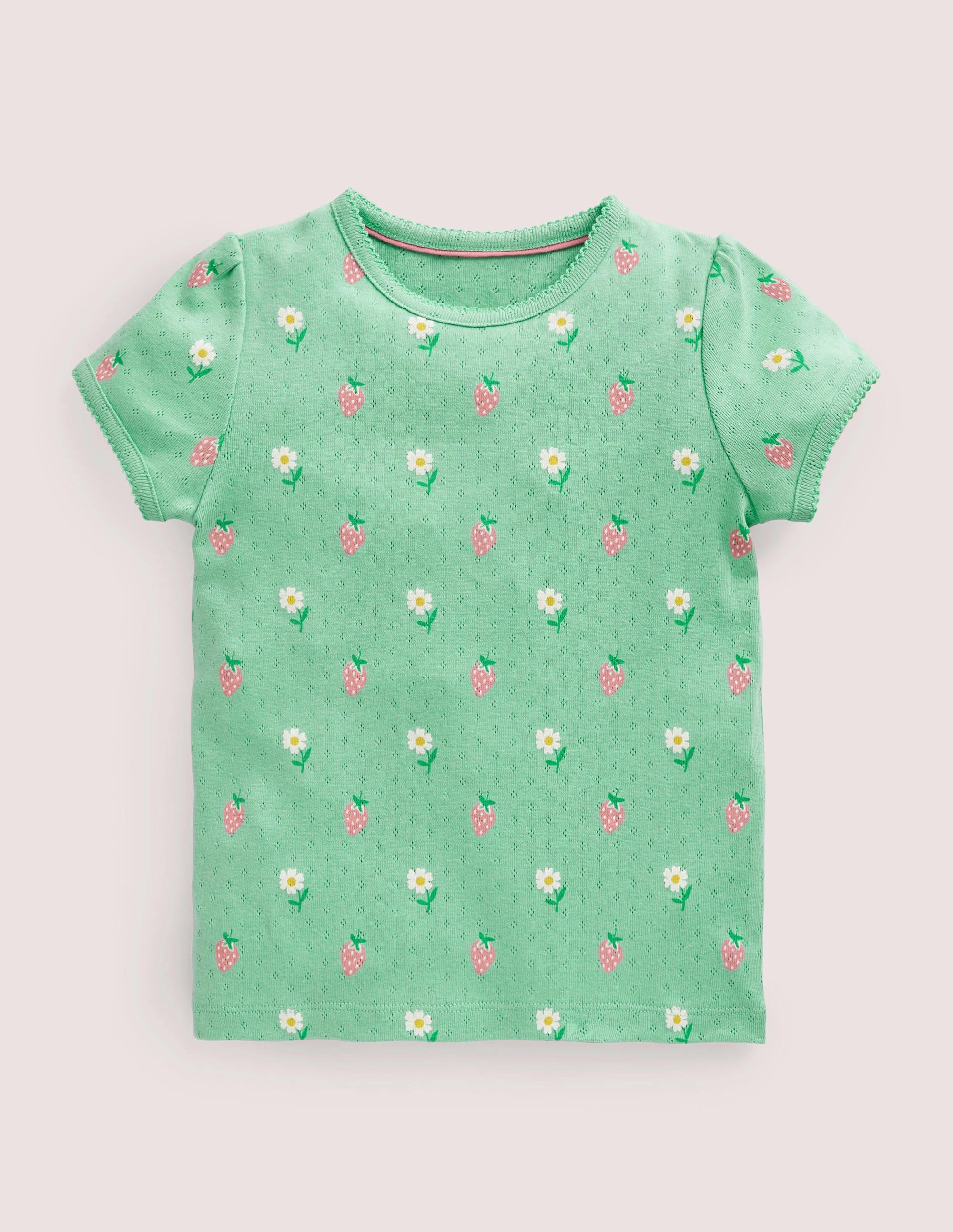 Short-Sleeved Pointelle Top-Green Daisies/Strawberries - Image 1