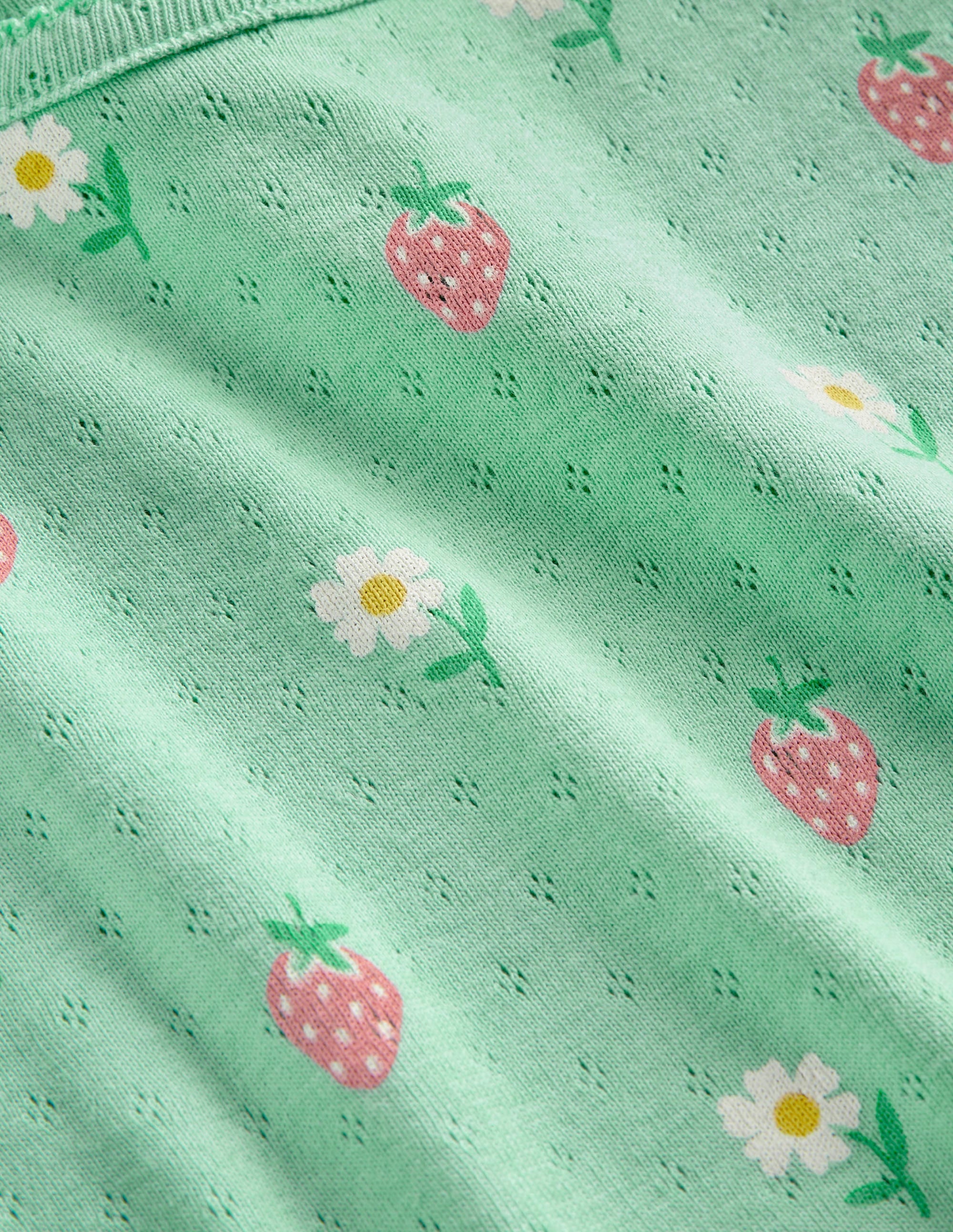Short-Sleeved Pointelle Top-Green Daisies/Strawberries - Image 3