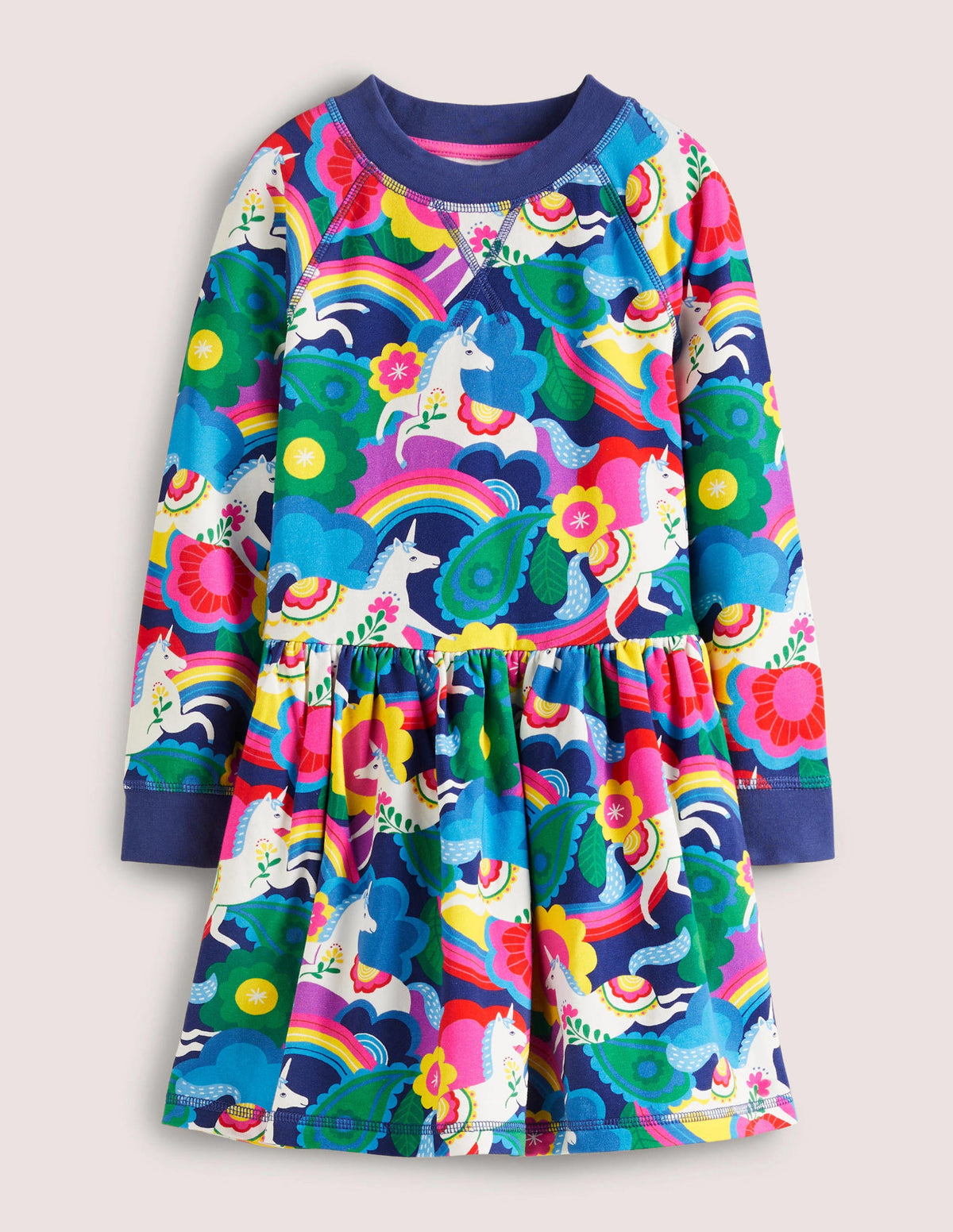 Navy Unicorn Print Sweatshirt Dress-Multi Flowerpatch Unicorns - Image 1