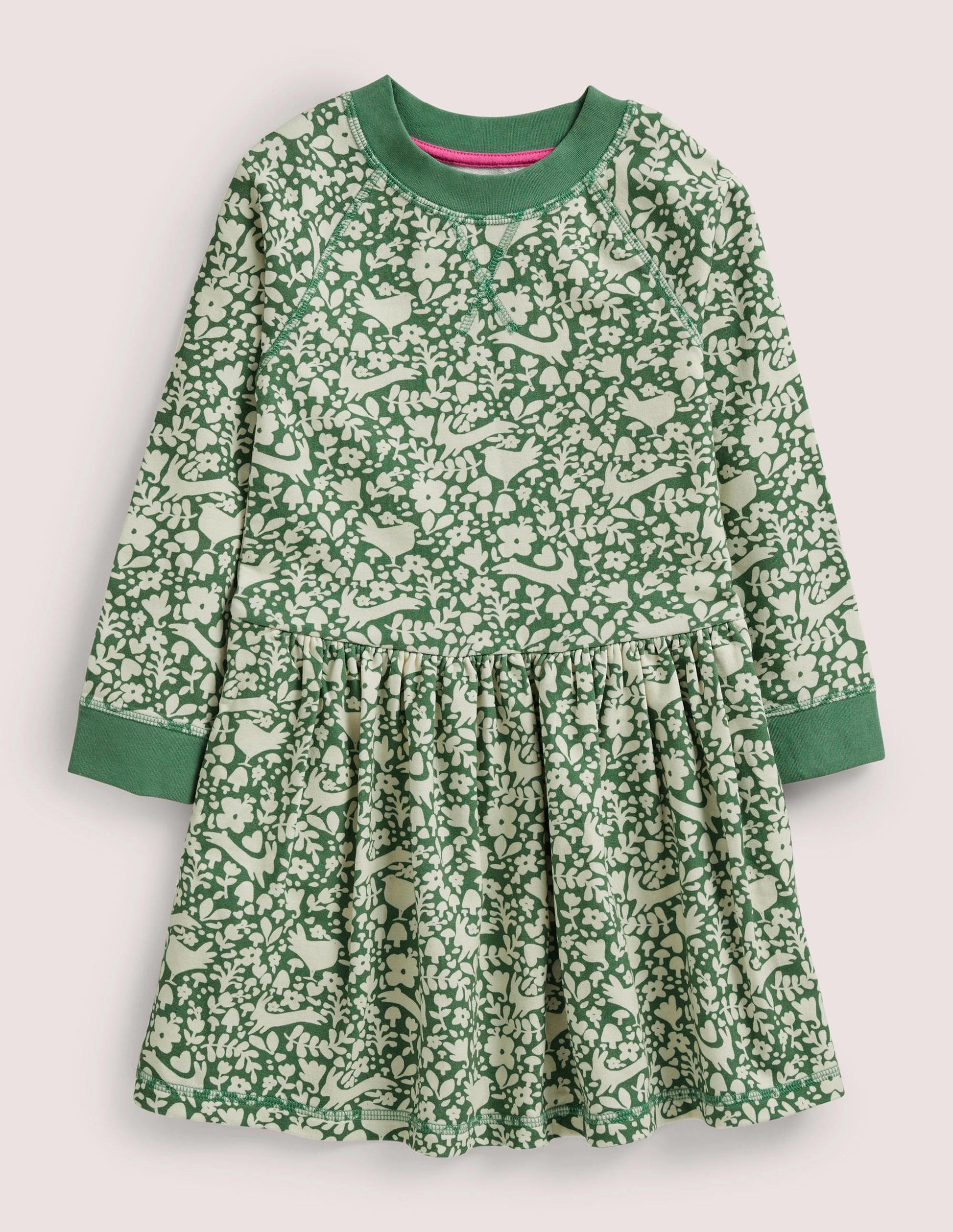 Jersey Sweatshirt Dress-Asparagus Green Woodland Toile-1