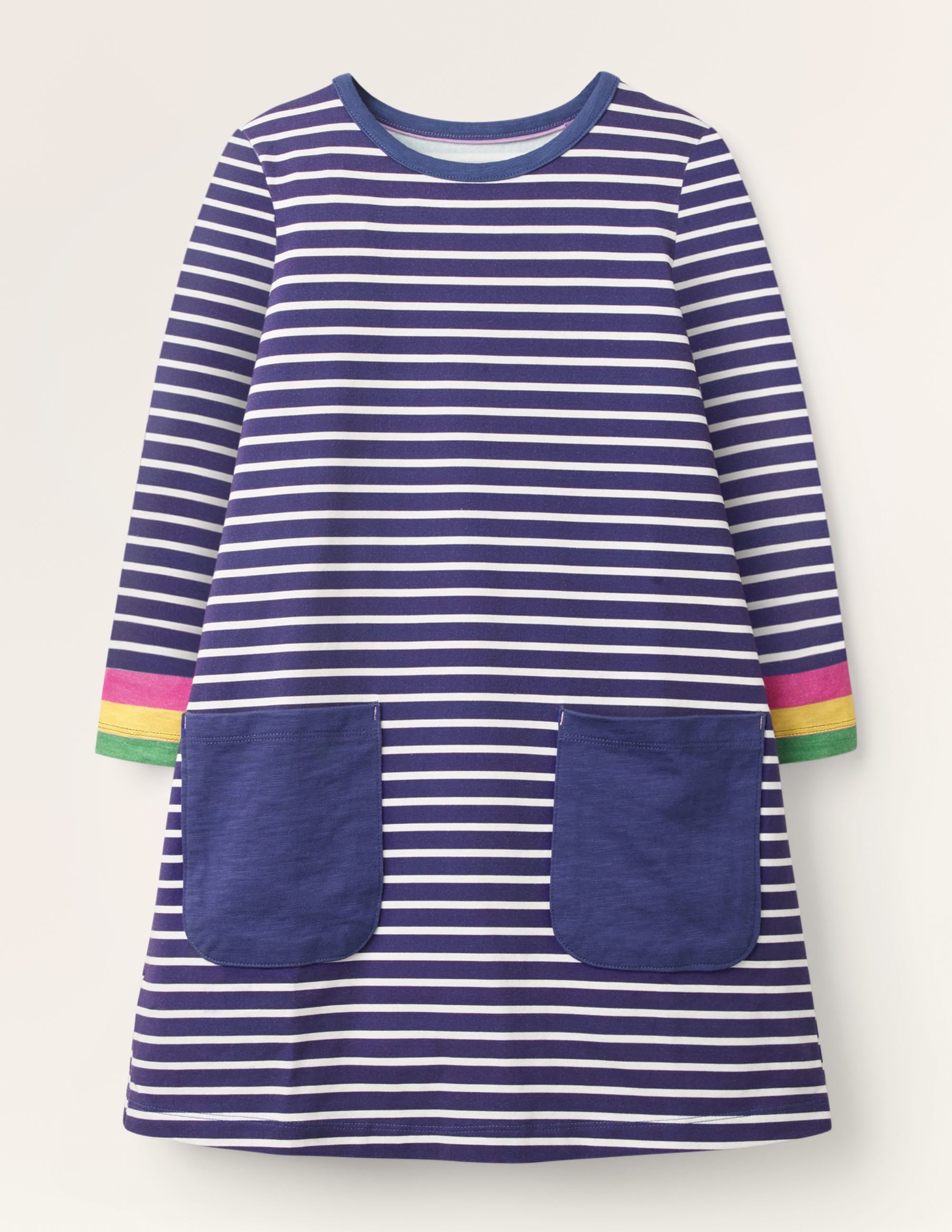Blue Stripe Fun Pocket Jersey Dress-Starboard Blue Rainbow Cuff - Image 1