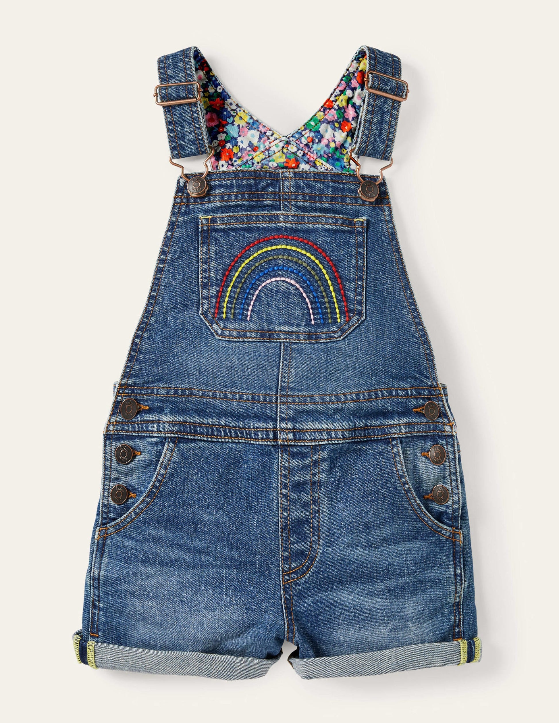 Fun Short Dungarees-Light Vintage Denim Rainbow-1