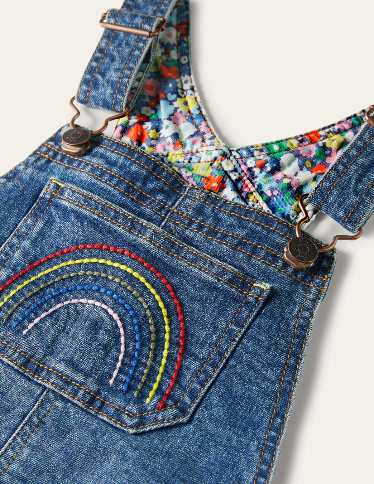 Fun Short Dungarees-Light Vintage Denim Rainbow - Image 3