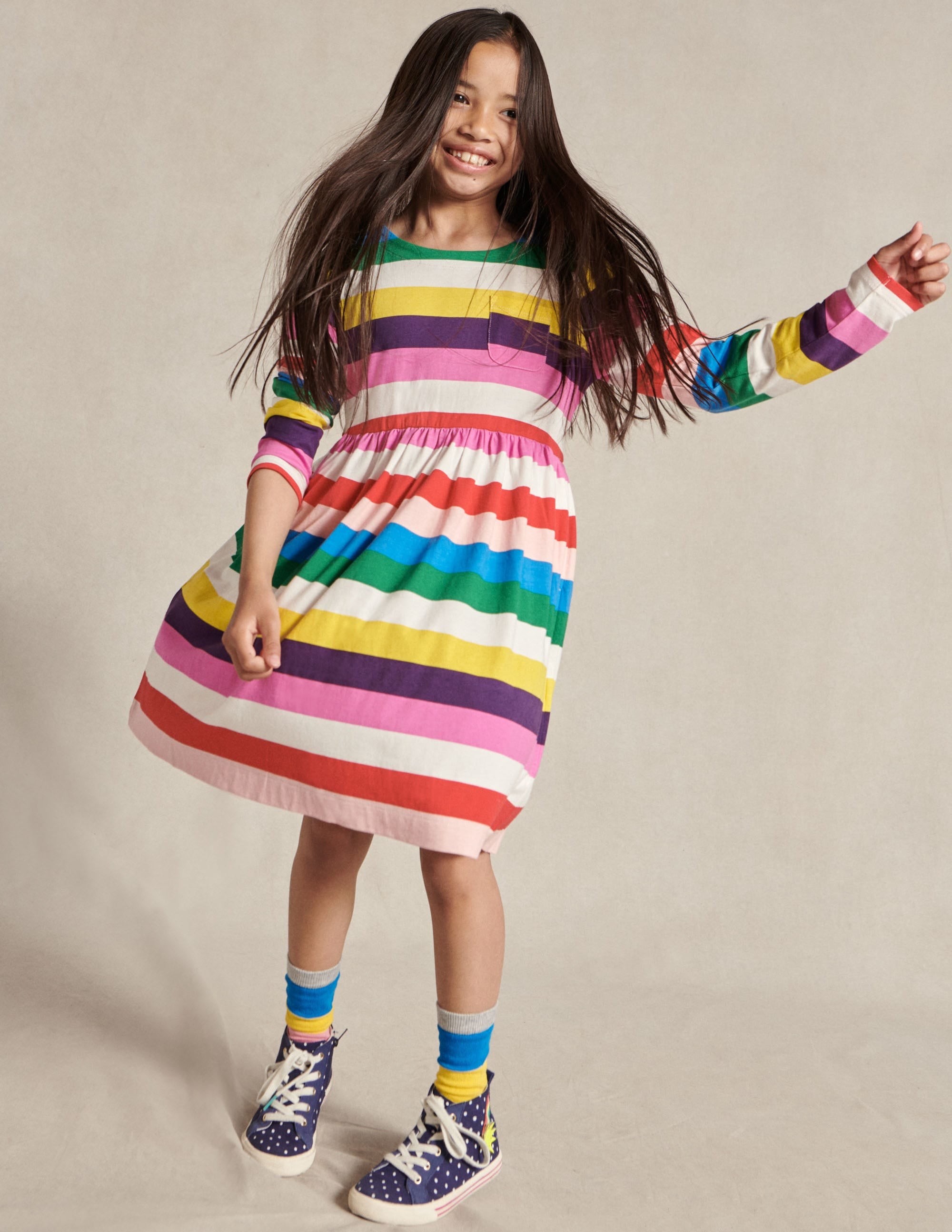 Long Sleeve Fun Jersey Dress-Multi Rainbow Stripe - Image 7