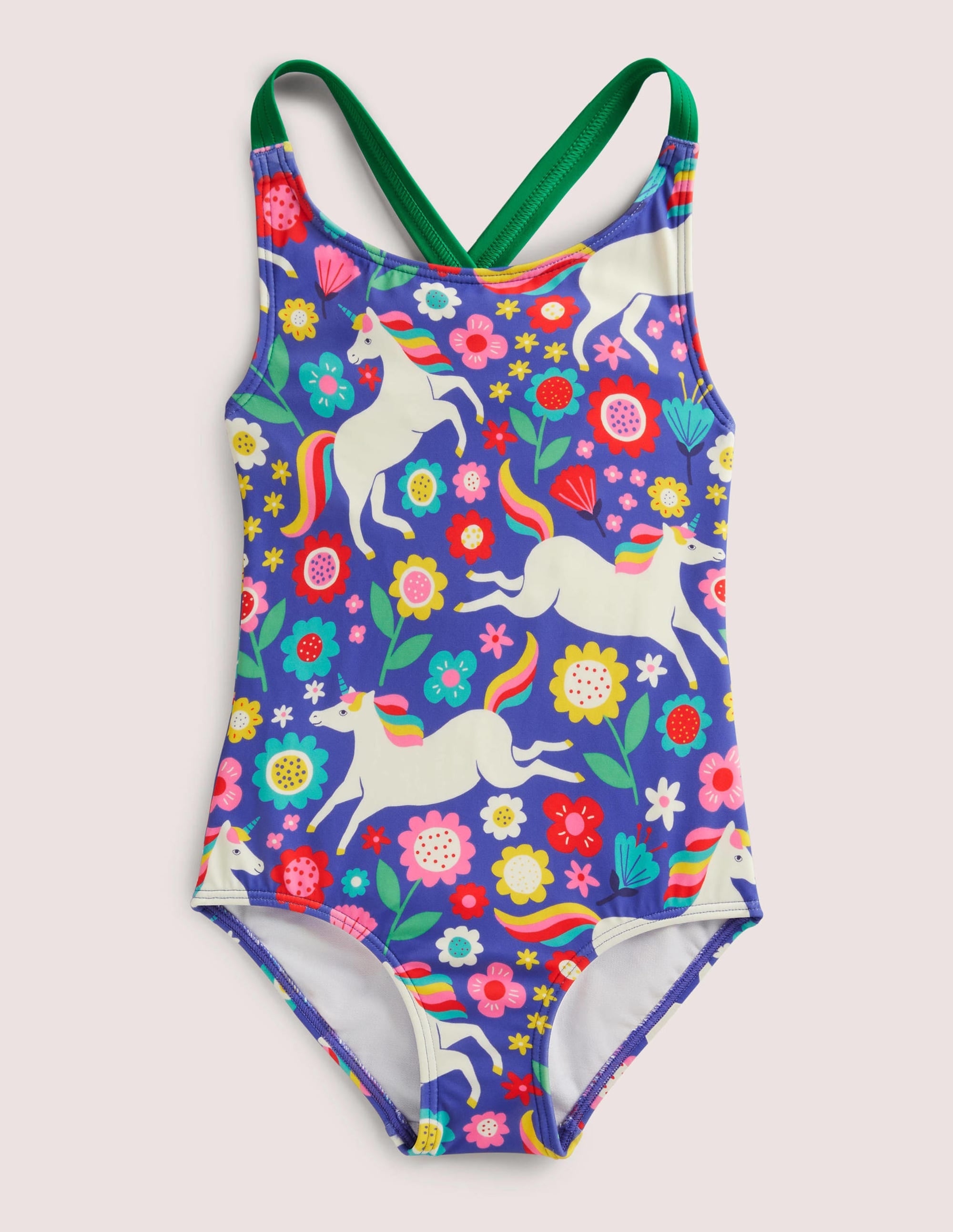 Cross-back Printed Swimsuit-Bluebell Unicorn Floral - Image 1