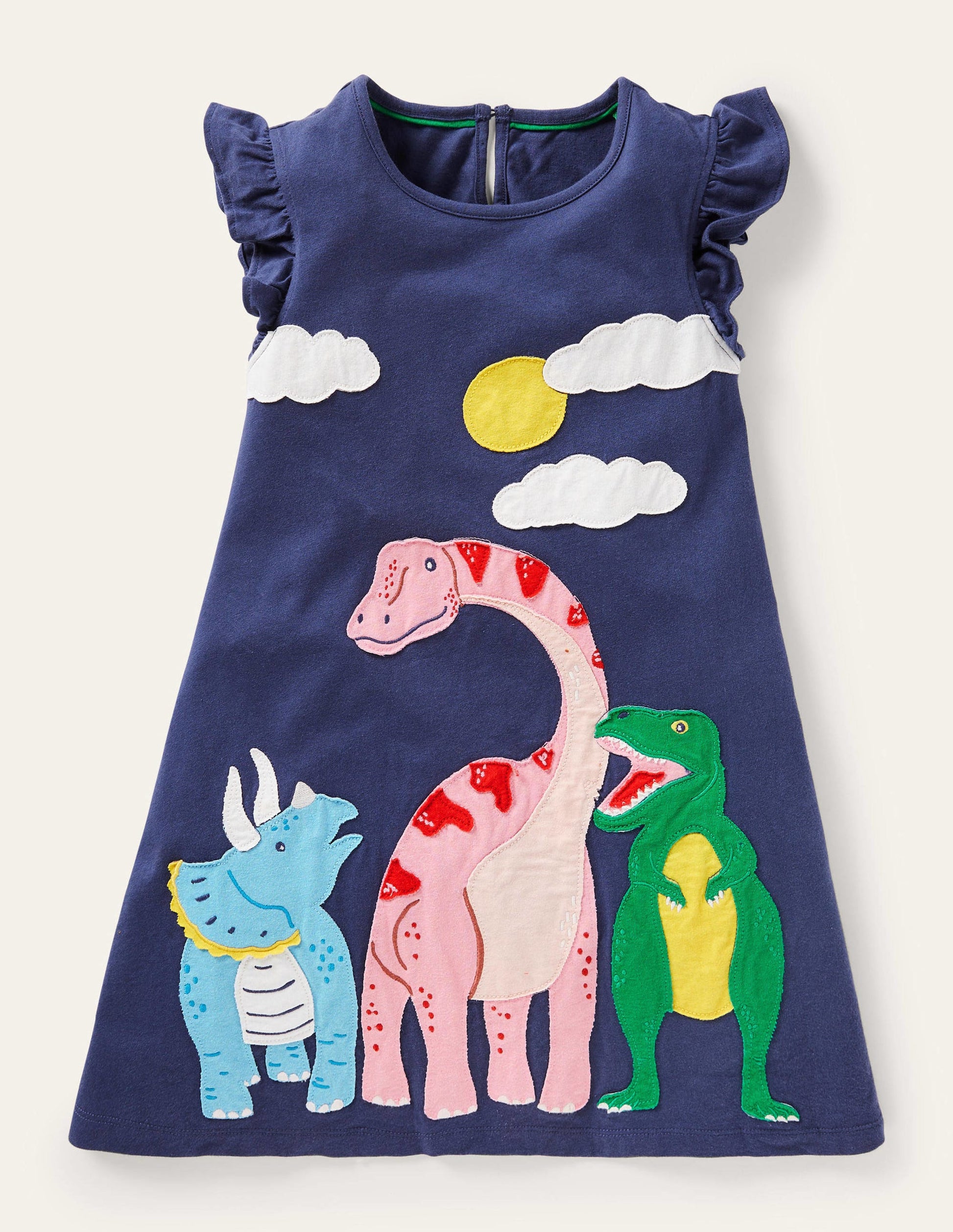 Frill Sleeve Appliqué Dress-Starboard Navy Dinosaurs-1