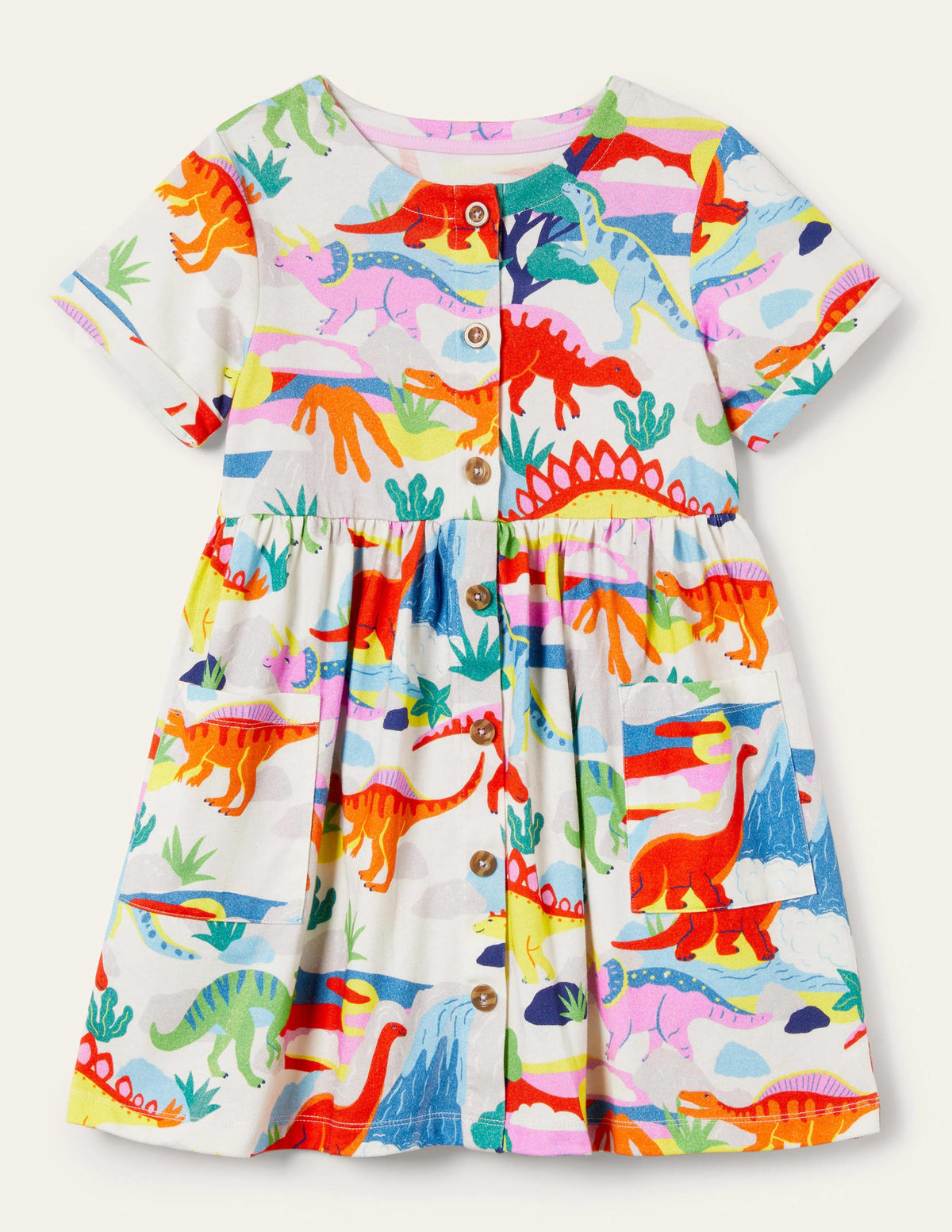 White Dinosaur Print Jersey Dress-Ivory Dinosaur Sunset - Image 1