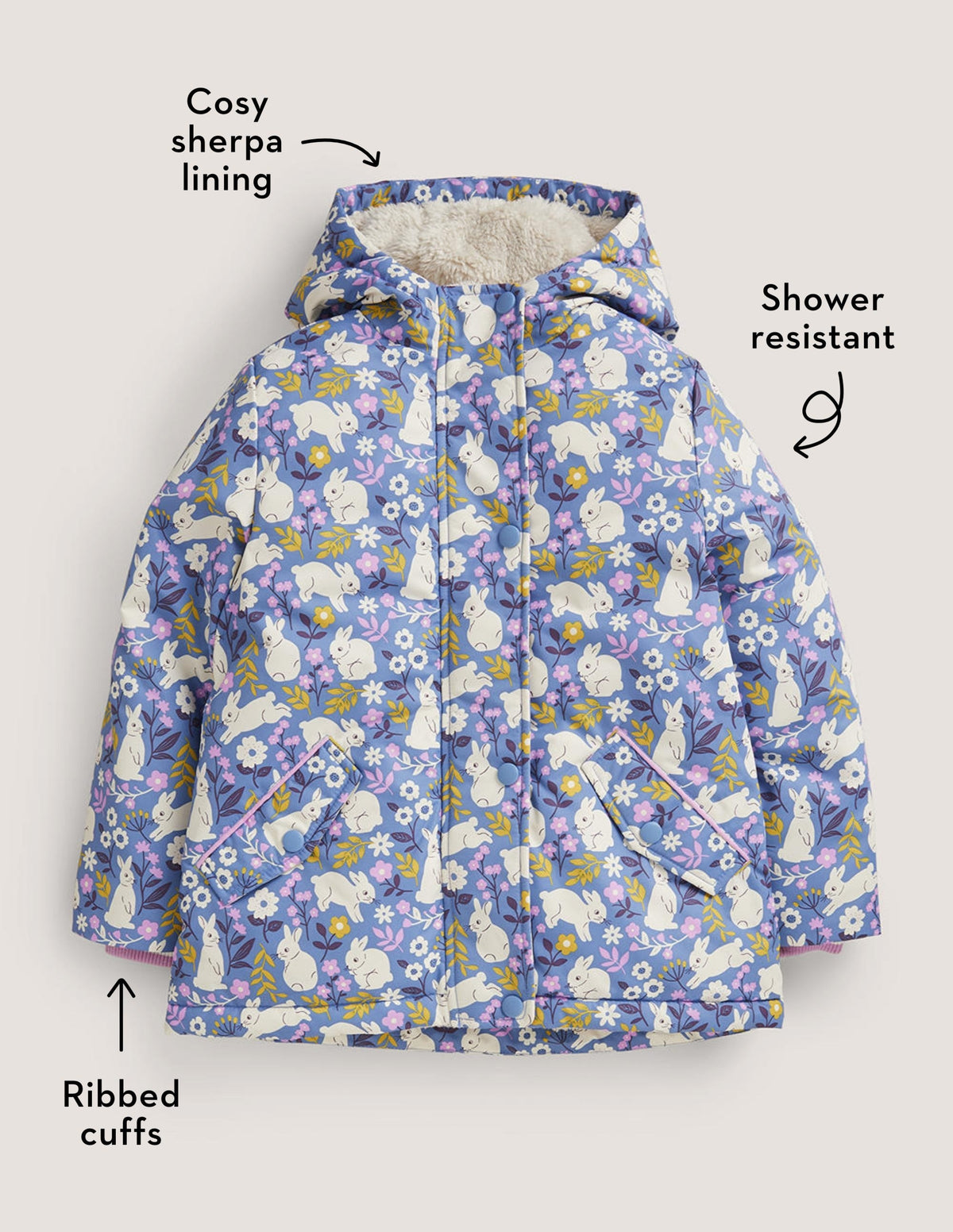 Blue Bunny Print Sherpa-Lined Anorak-Riviera Blue Bunny Field-4