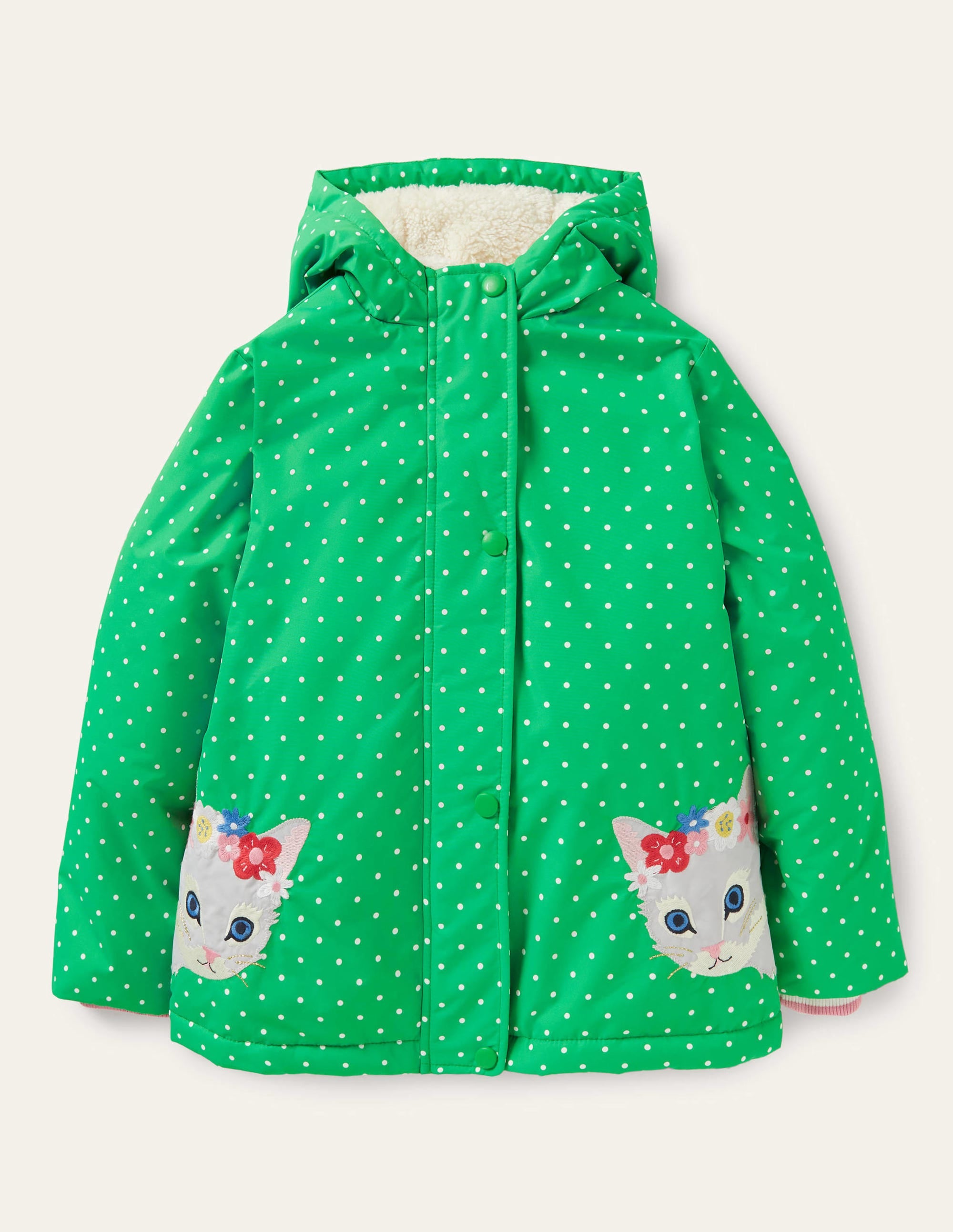 Green Polka Dot Sherpa Lined Anorak-Aloe Green Pin Spot Cats - Image 1