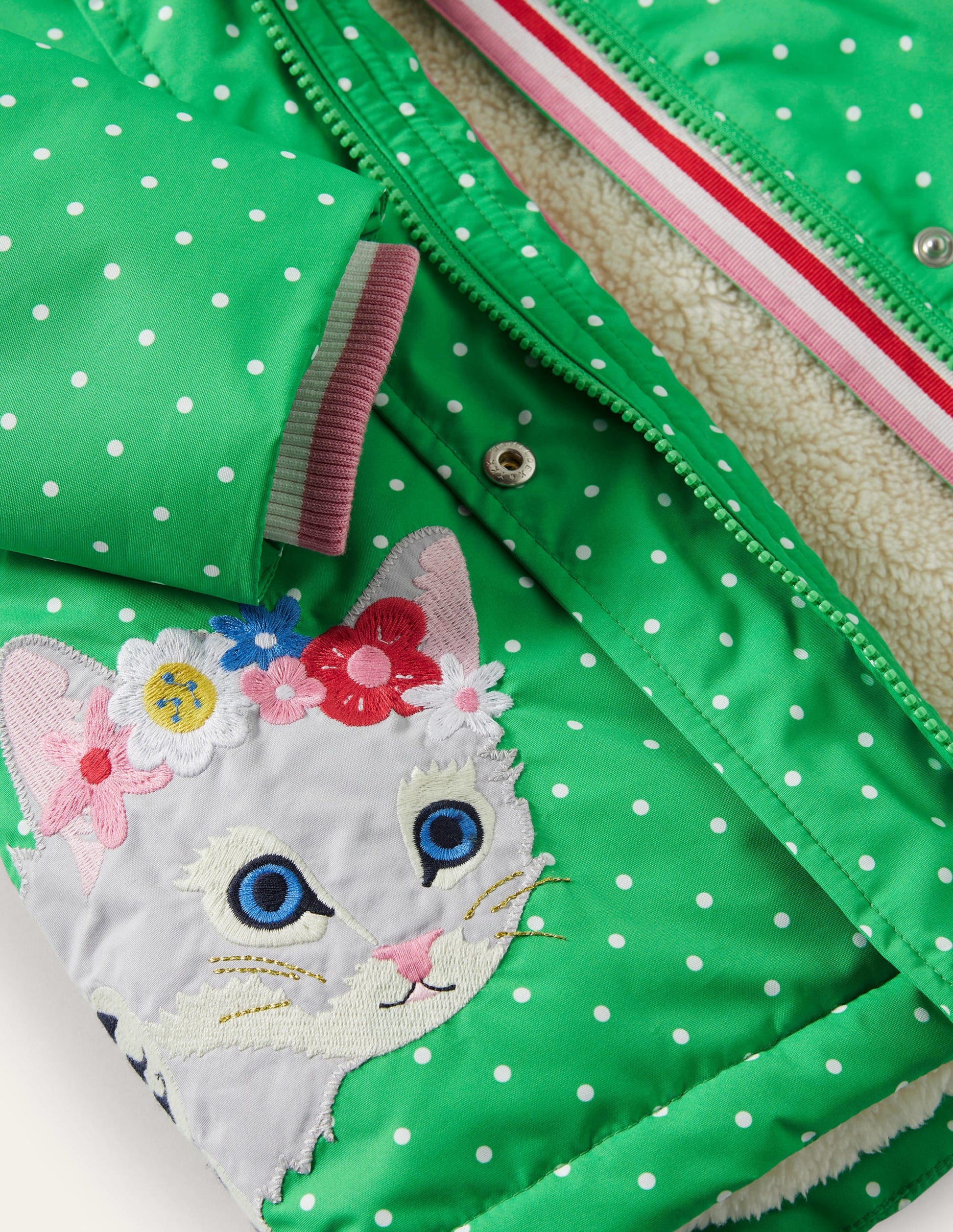 Green Polka Dot Sherpa Lined Anorak-Aloe Green Pin Spot Cats-3