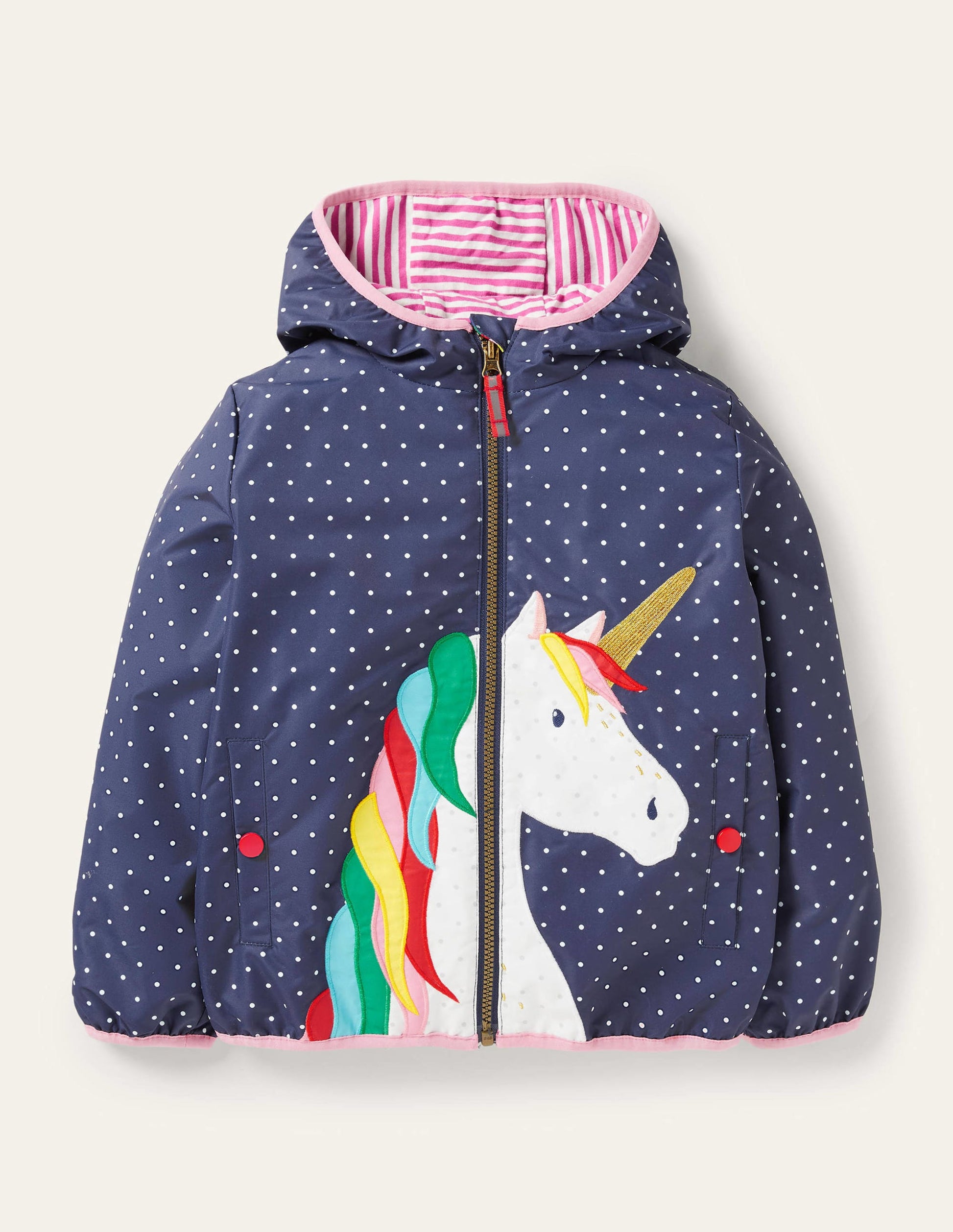Navy Polka Dot Unicorn Rain Jacket-College Navy Pin Spot Unicorn-1