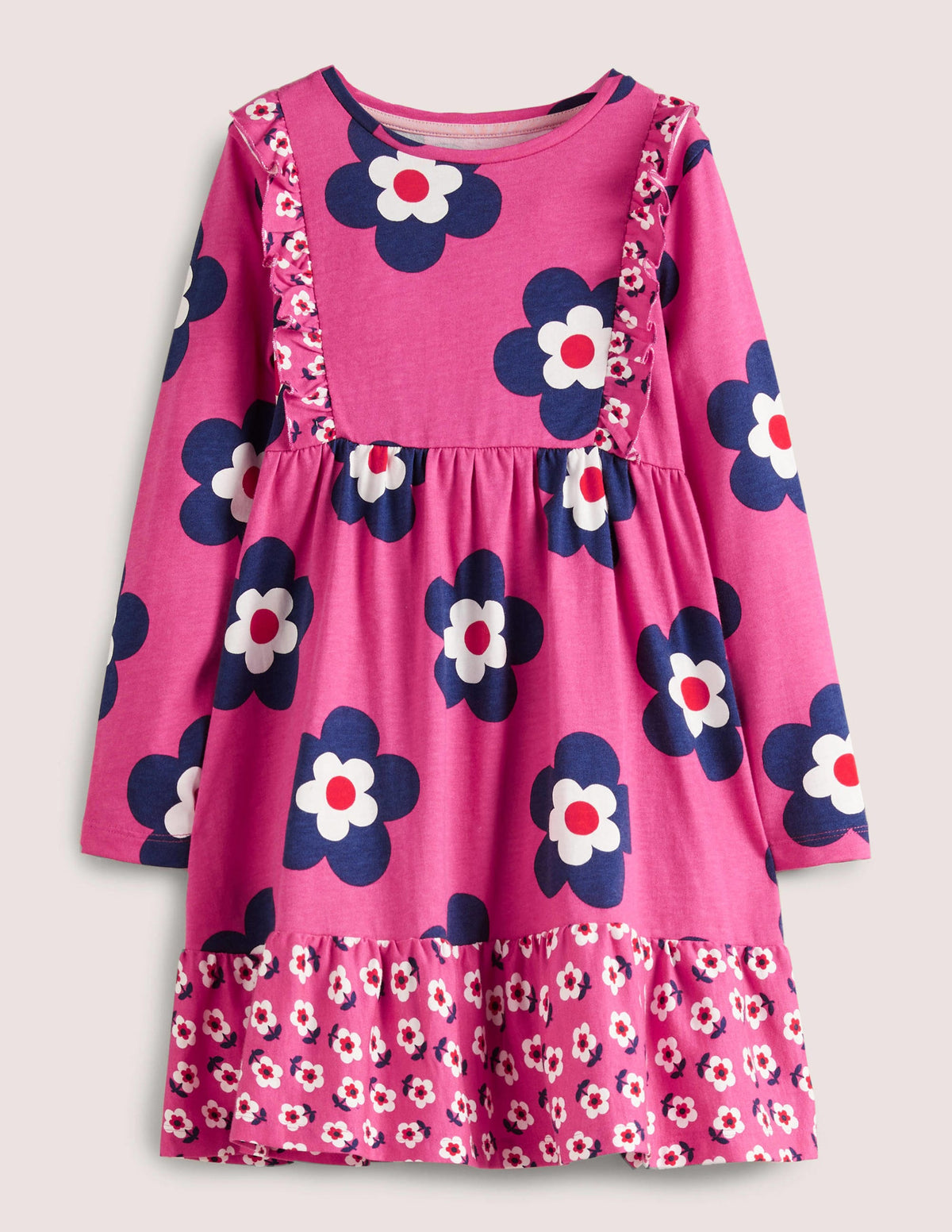 Frill Tiered Jersey Dress-Sweet William Pink Daisy-1