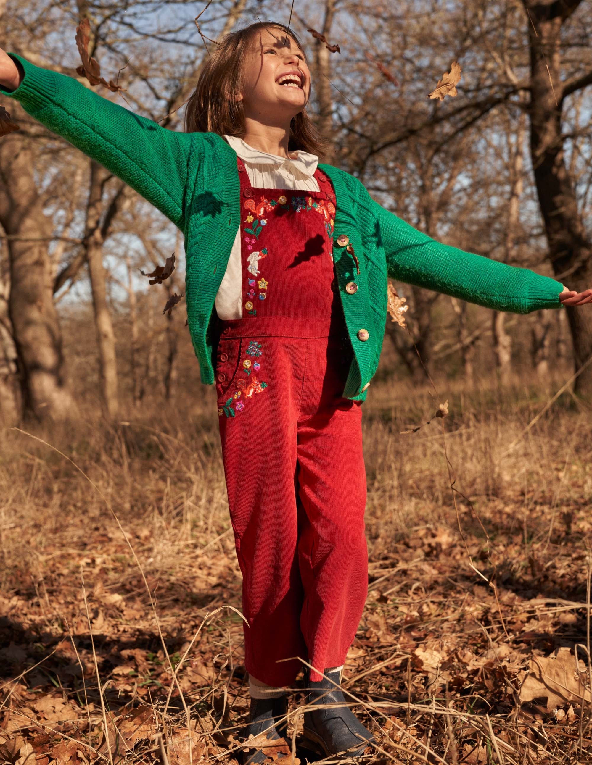 Embroidered Cord Dungarees-Russet Red Embroidery - Image 4