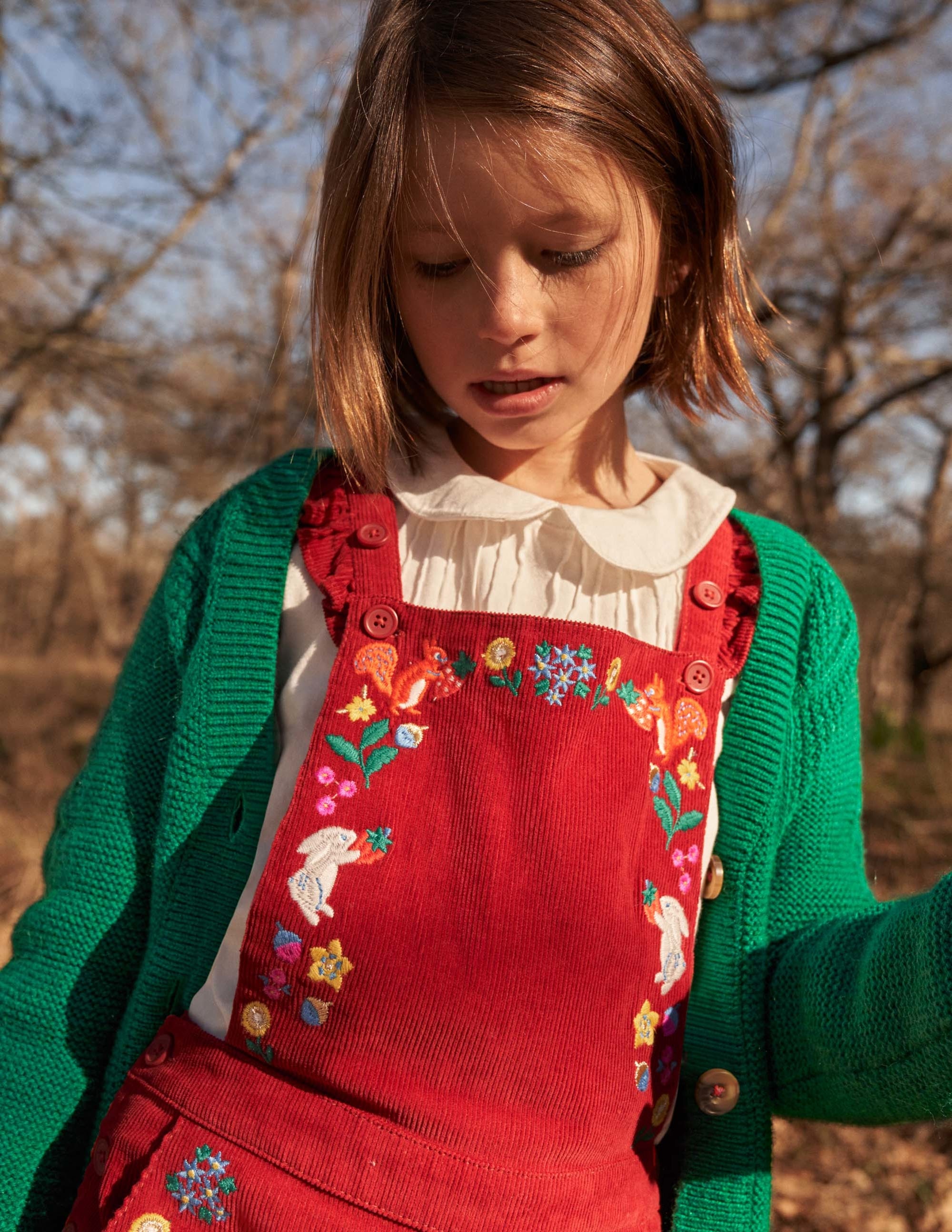 Embroidered Cord Dungarees-Russet Red Embroidery - Image 5