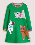 Green Rainbow Cat Print Sweatshirt Dress-Highland Green Cats